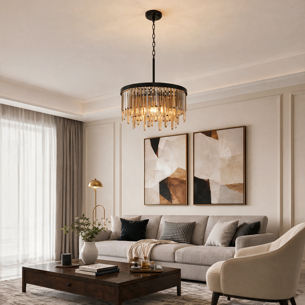 20" Modern Crystal Chandelier, 6-Light Black Pendant Light with Amber Crystal