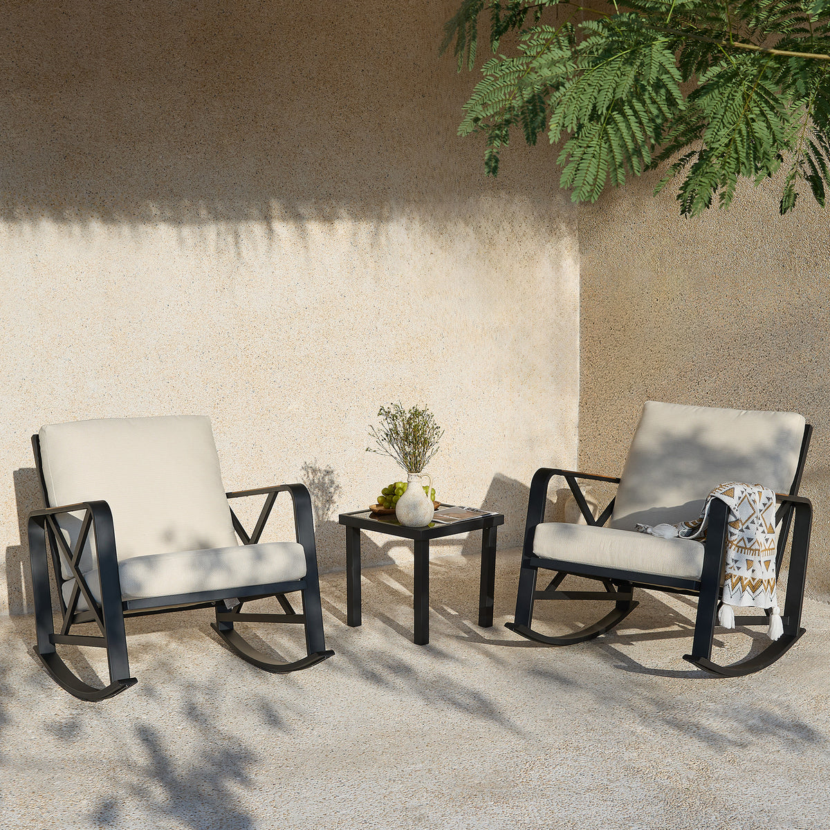 2-Person Outdoor Rocking Chair Set With Bistro Side Table And Cushions ...