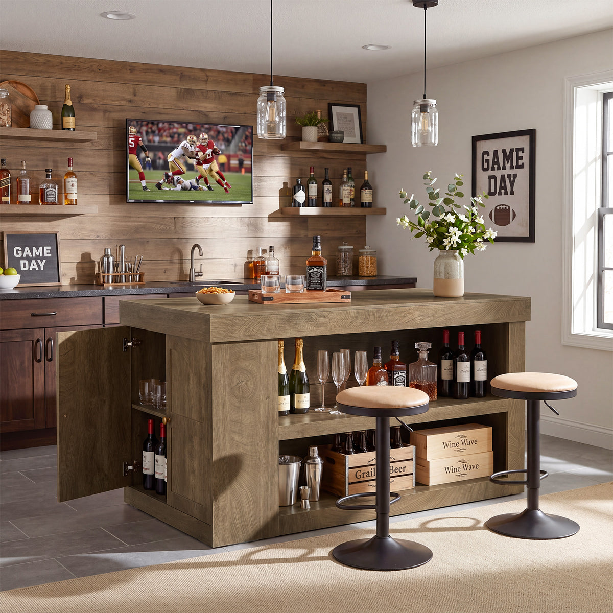 63" Bar Table with Storage, 3-Tier Counter Height Pub Table with Shelf & Cabinet