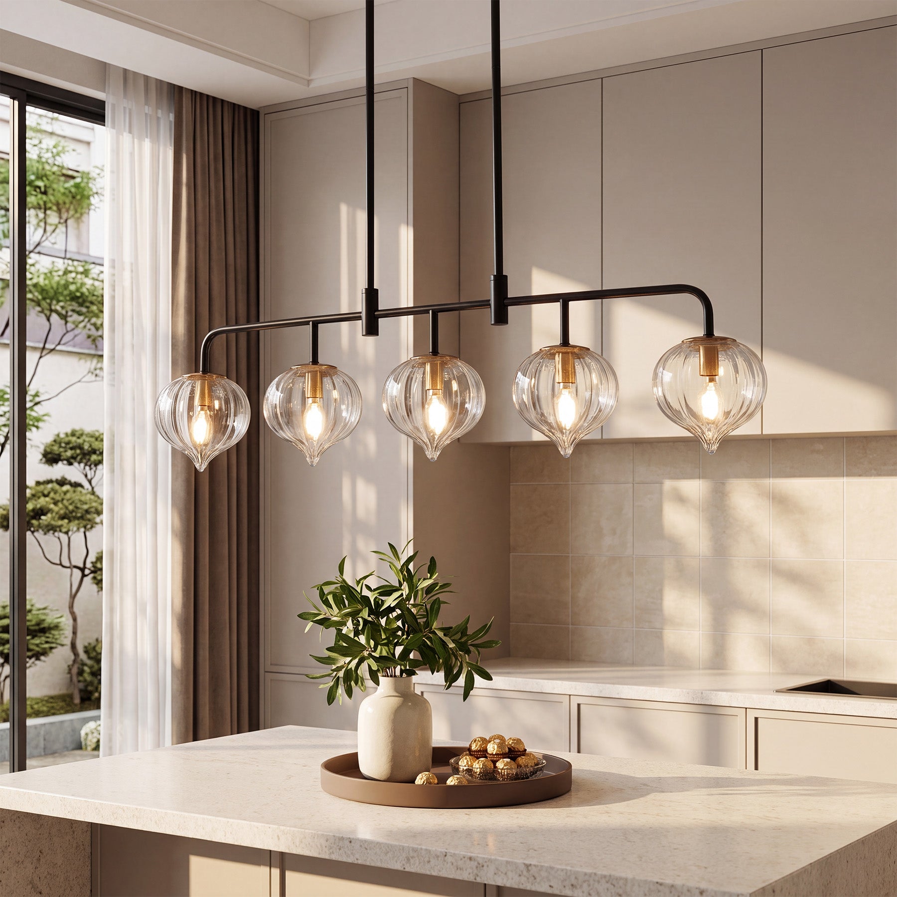 5-Light Pendant Light, Linear Kitchen Island Light Fixture with Adjustable Downrods & Clear Ribbed Glass Shades