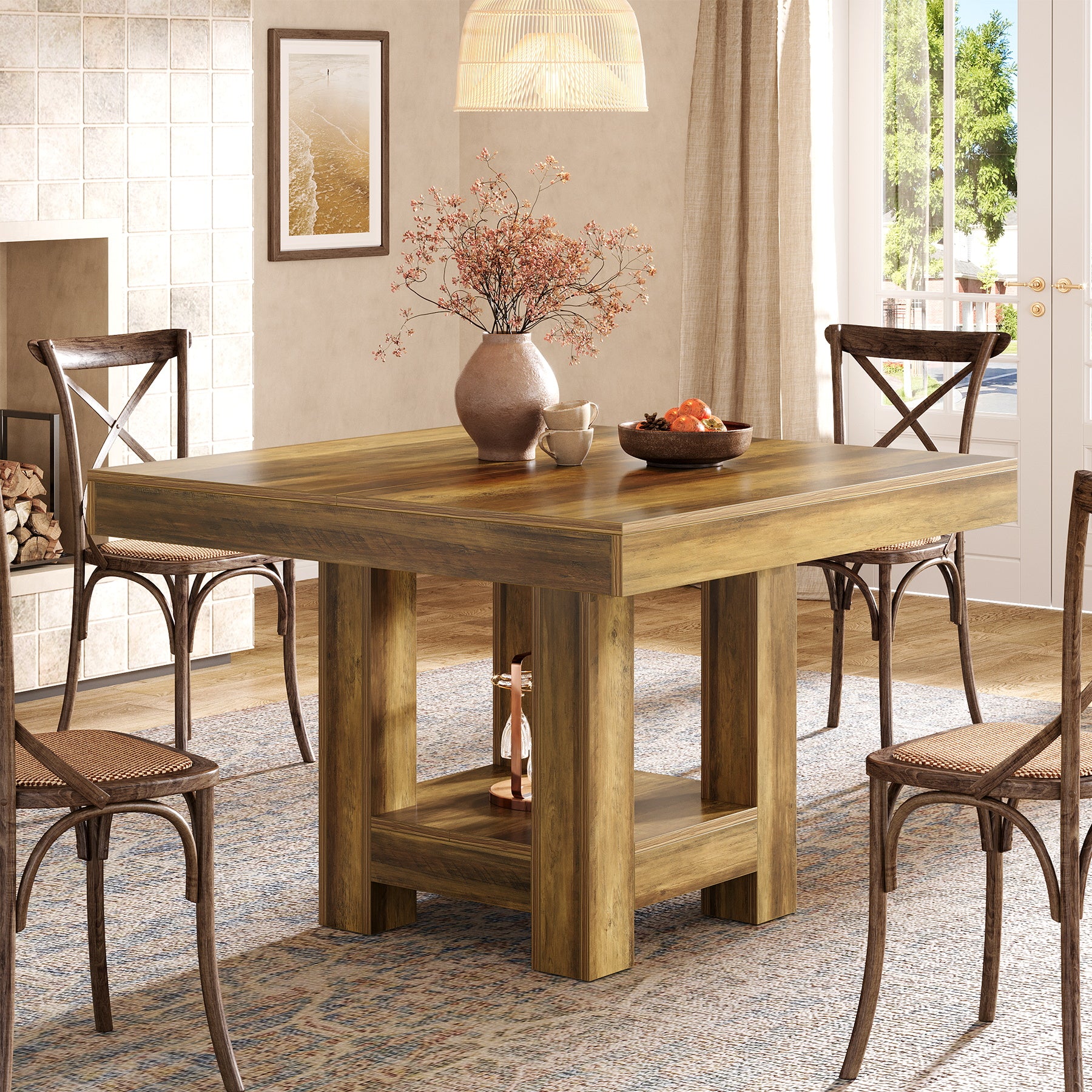 Square Dining Table, 39" Kitchen Dinner Table with Storage Shelf for 2-4