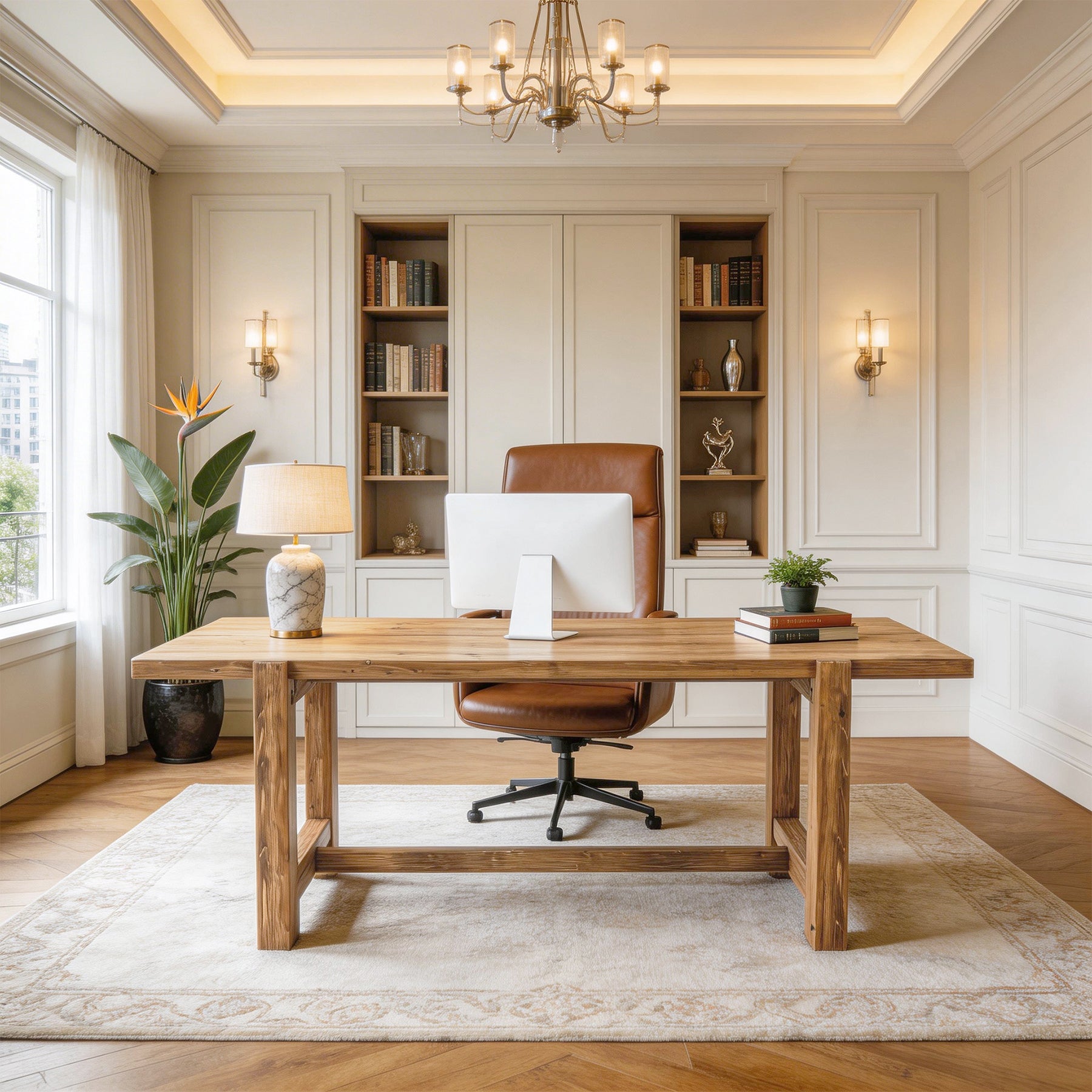 63 Inch Solid Wood Computer Desk, Farmhouse Executive Office Desk for Home Office Workspace