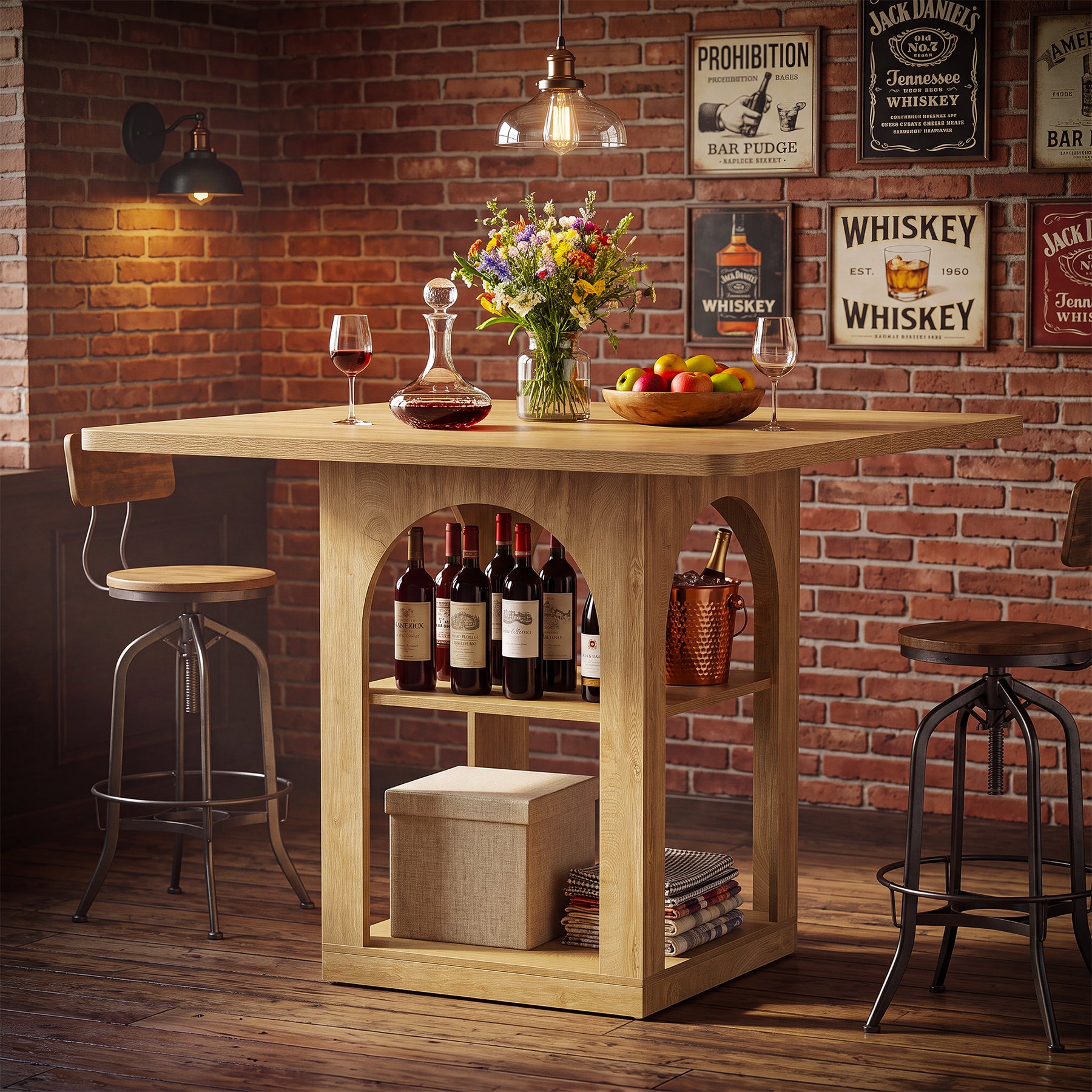 47.2" Square Bar Table, Farmhouse Counter Height Pub Table with Storage Shelves