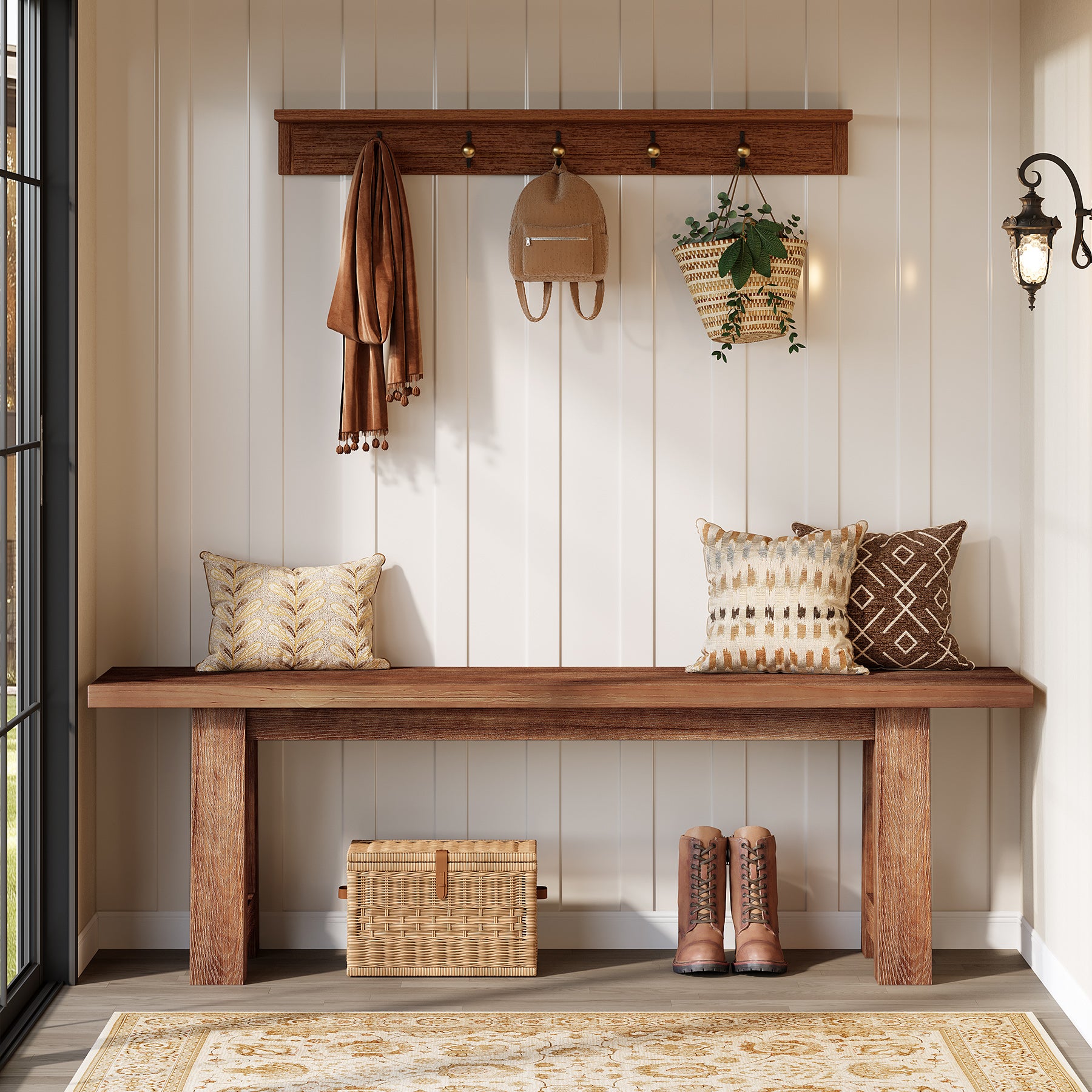 55" Solid Wood Bench, Farmhouse Shoe Entryway Bench for Living Room