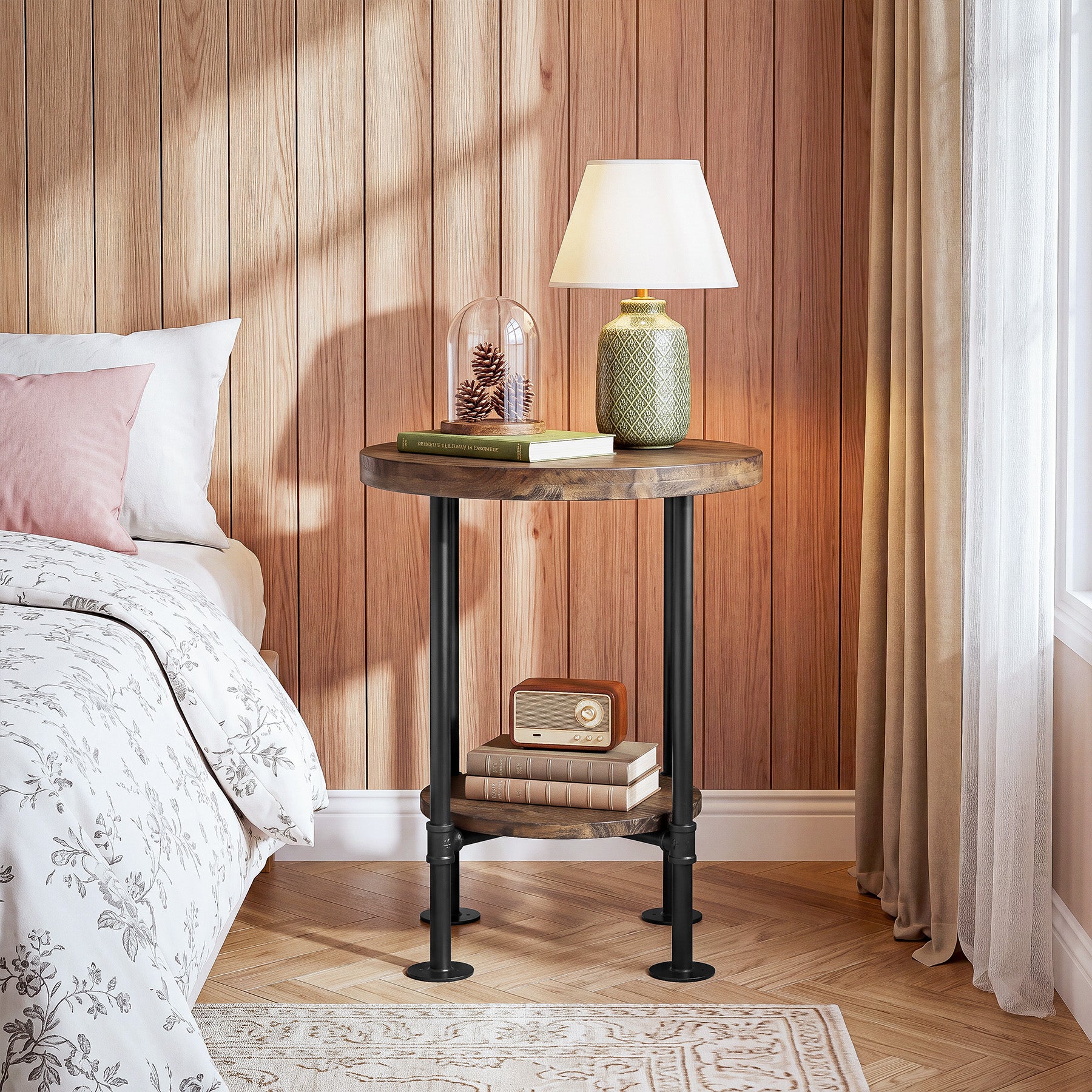 Round End Table, 2-Tier Side Table with Solid Wood Top & Metal Pipe Legs for Living Room