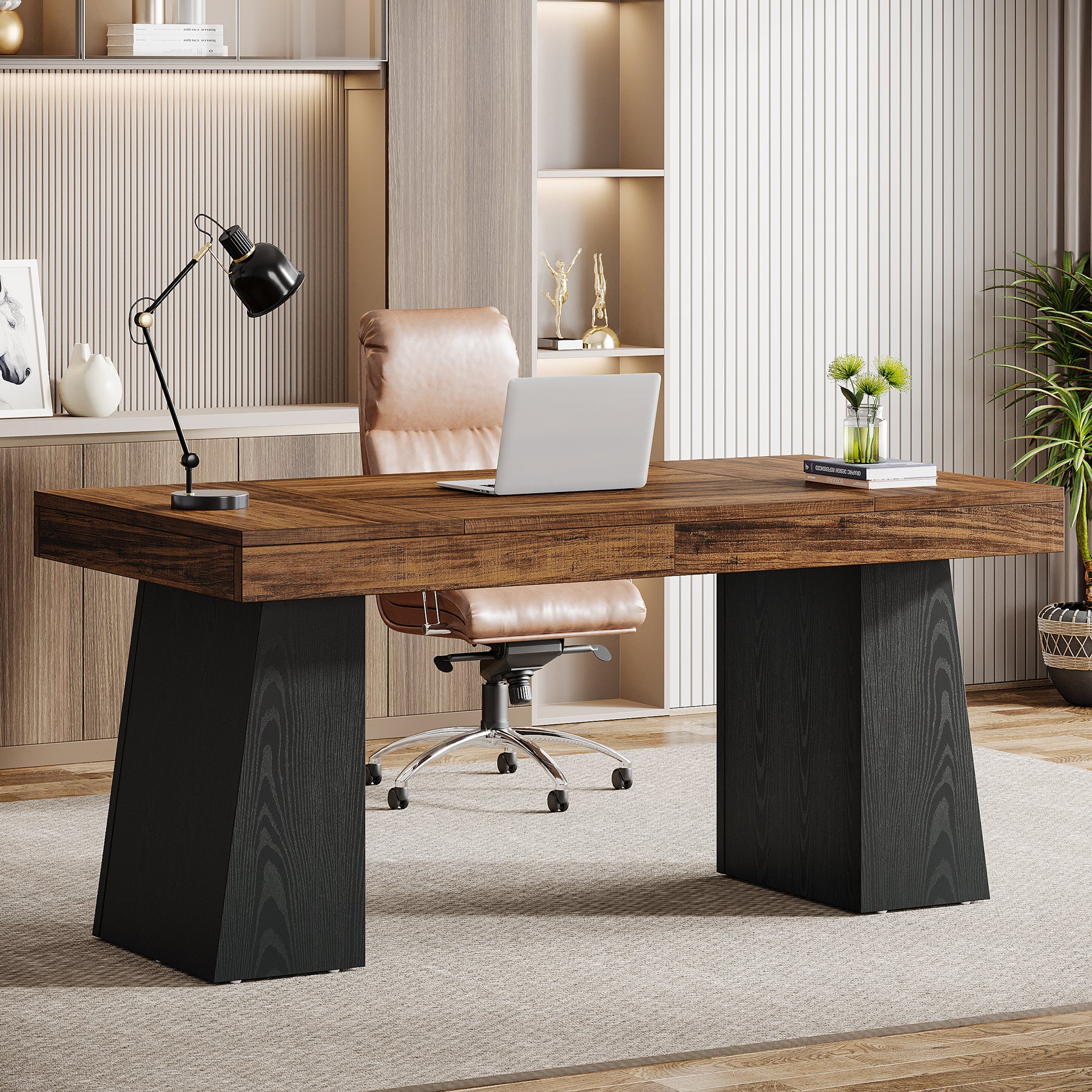 55" Executive Office Desk with Double Trapezoid Base, Modern Wooden Computer Desk for Home Office