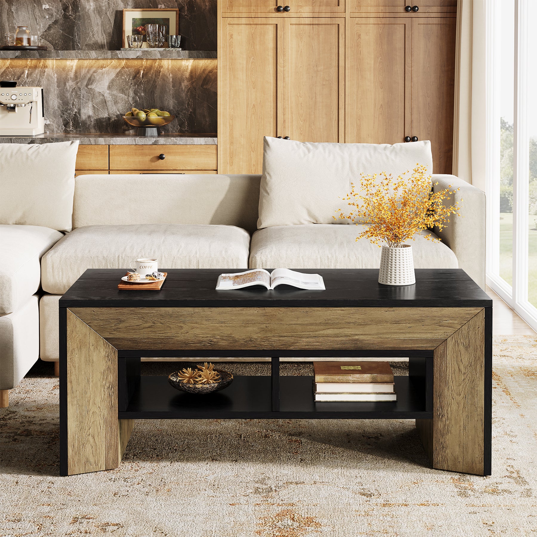 47" Modern Coffee Table, Rectangular Center Table with 2-Tier Storage