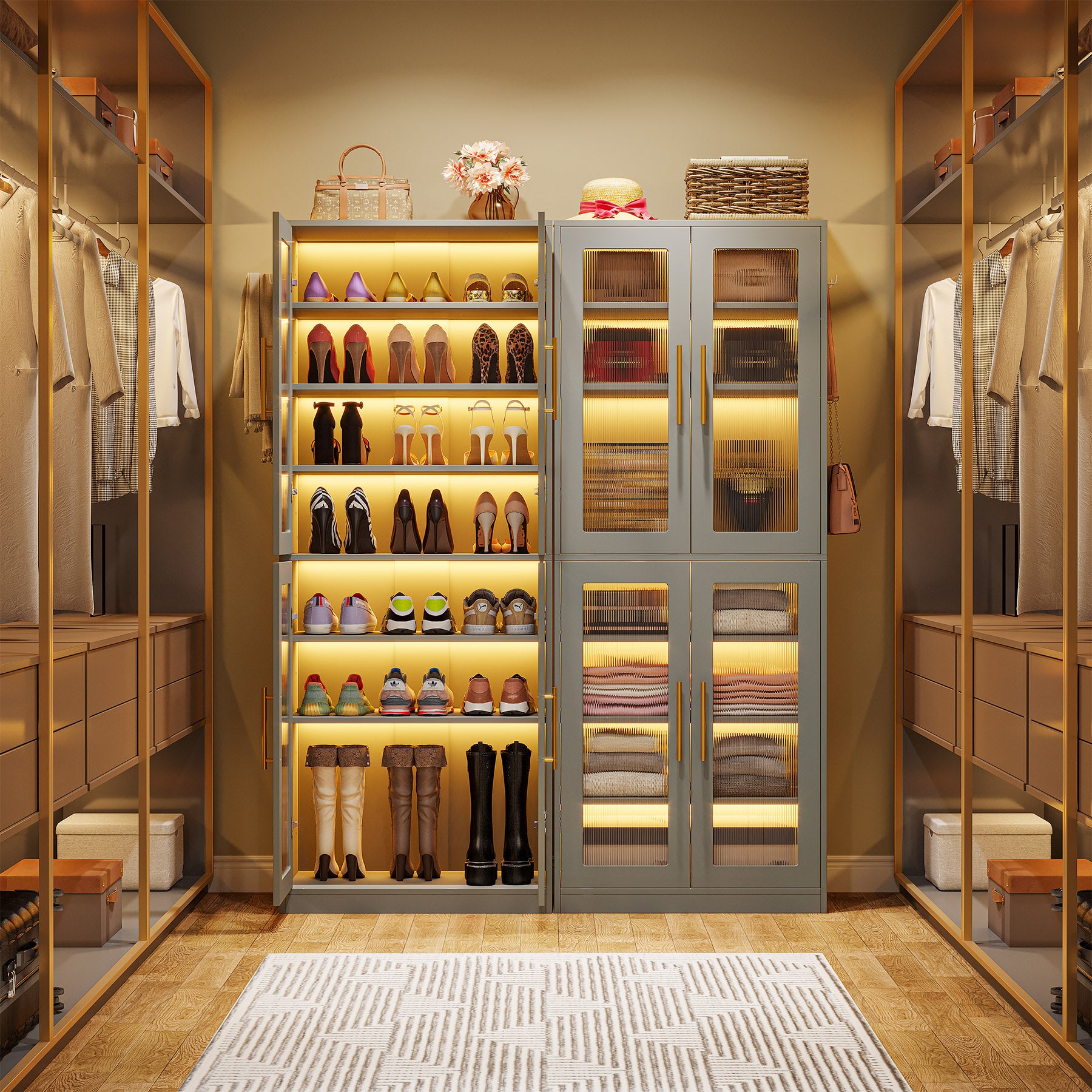 66.9" Tall Shoe Storage Cabinet, 8-Tier Entryway Shoe Organizer Rack with Acrylic Doors and LED Lights