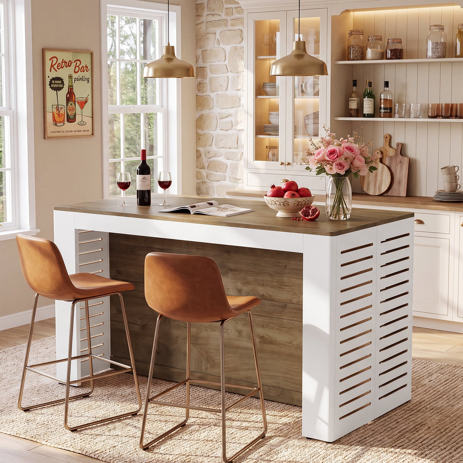 55" Farmhouse Kitchen Island, 3-Tier Wooden Stationary Island Table for Kitchen