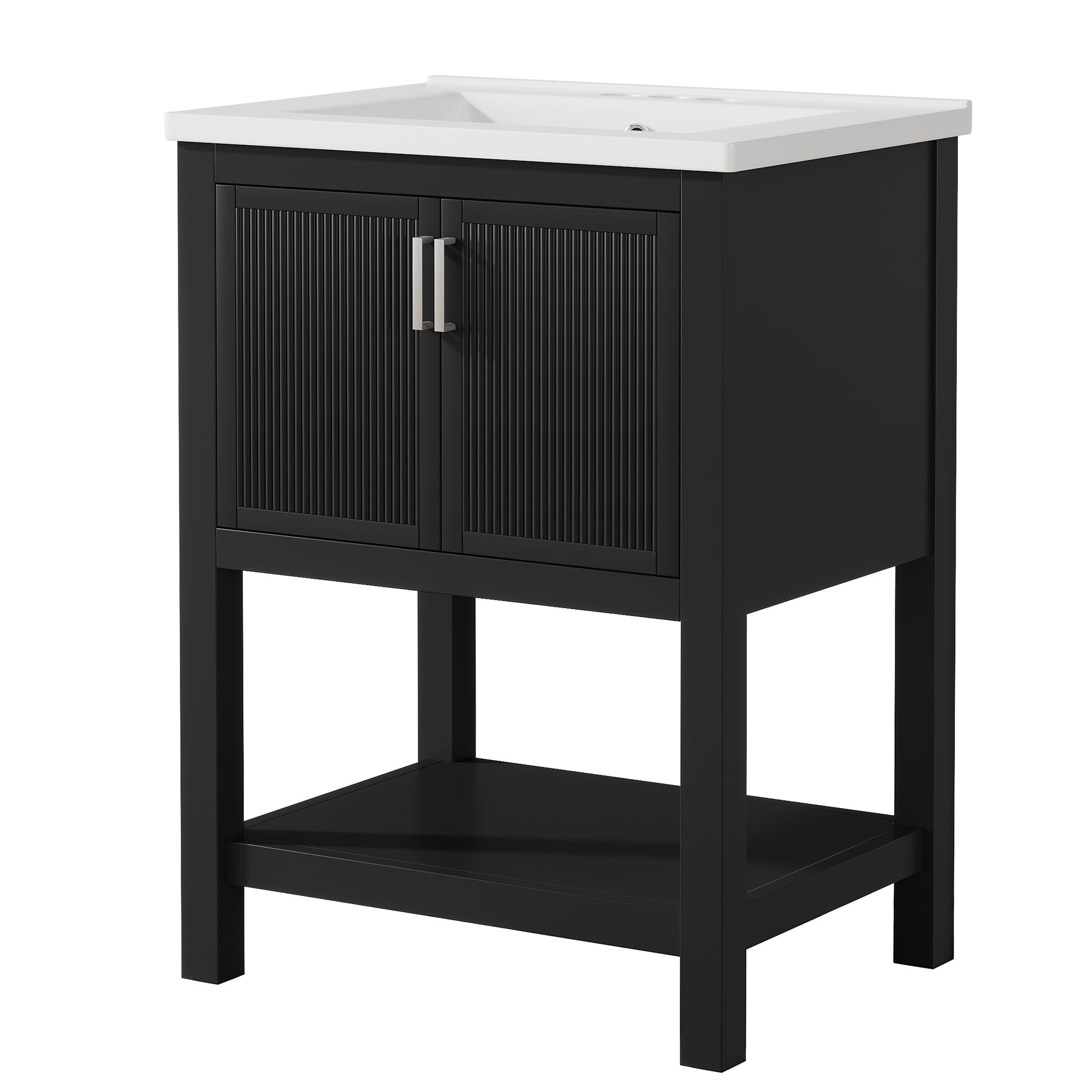 24" Bathroom Vanity, Modern Bathroom Sink Cabinet with Ceramic Basin and 2 Doors