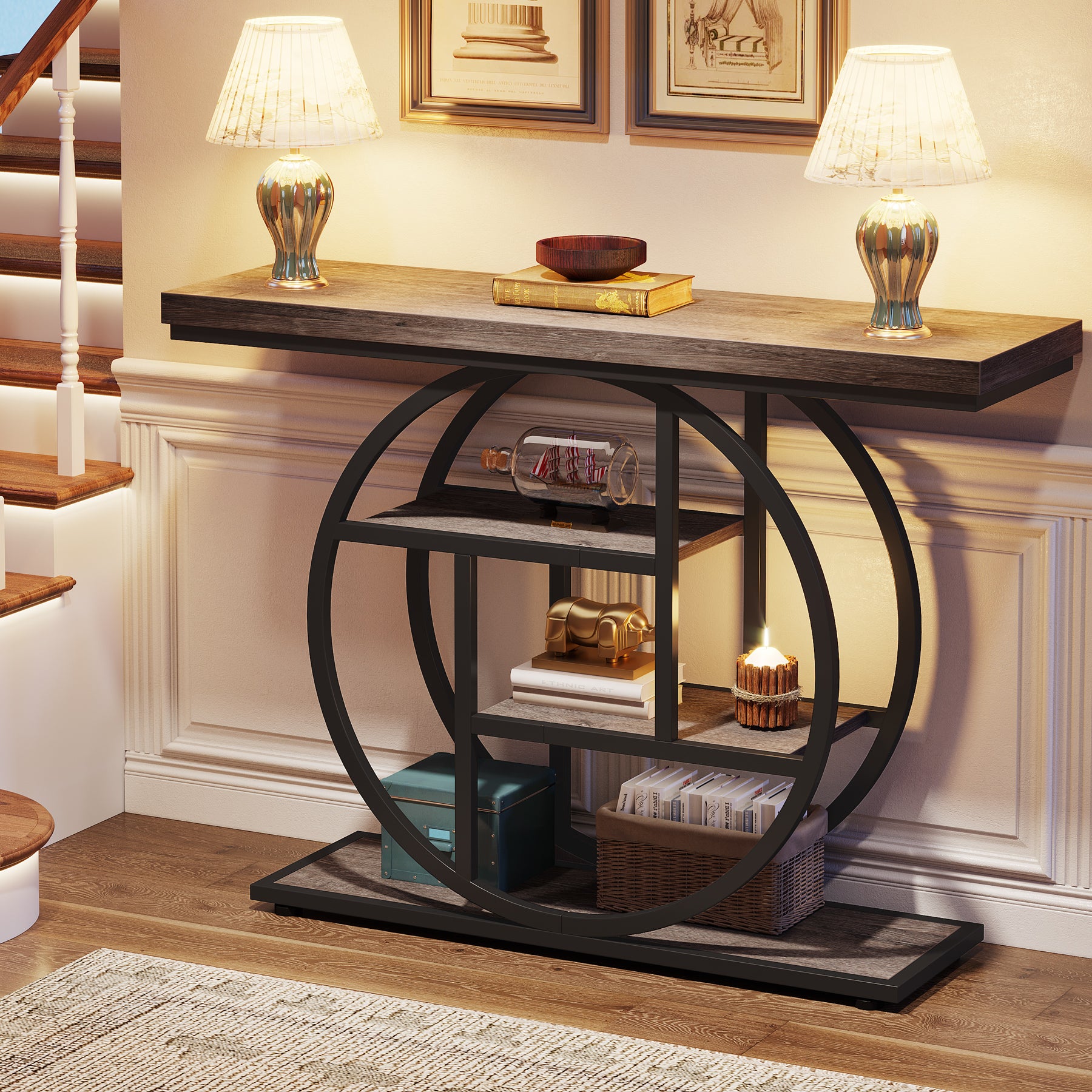 41.3" Console Table, Industrial 4-Tier Sofa Table Entryway Table with Circle Base