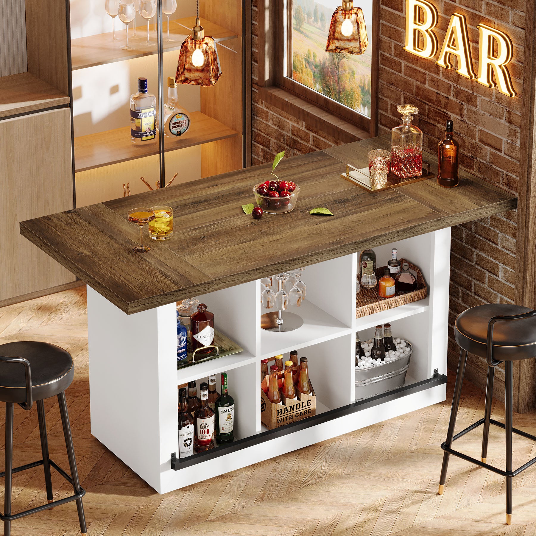 62.6" Bar Table, Rectangular Home Bar Cabinet Unit with 6 Spacious Cubbies