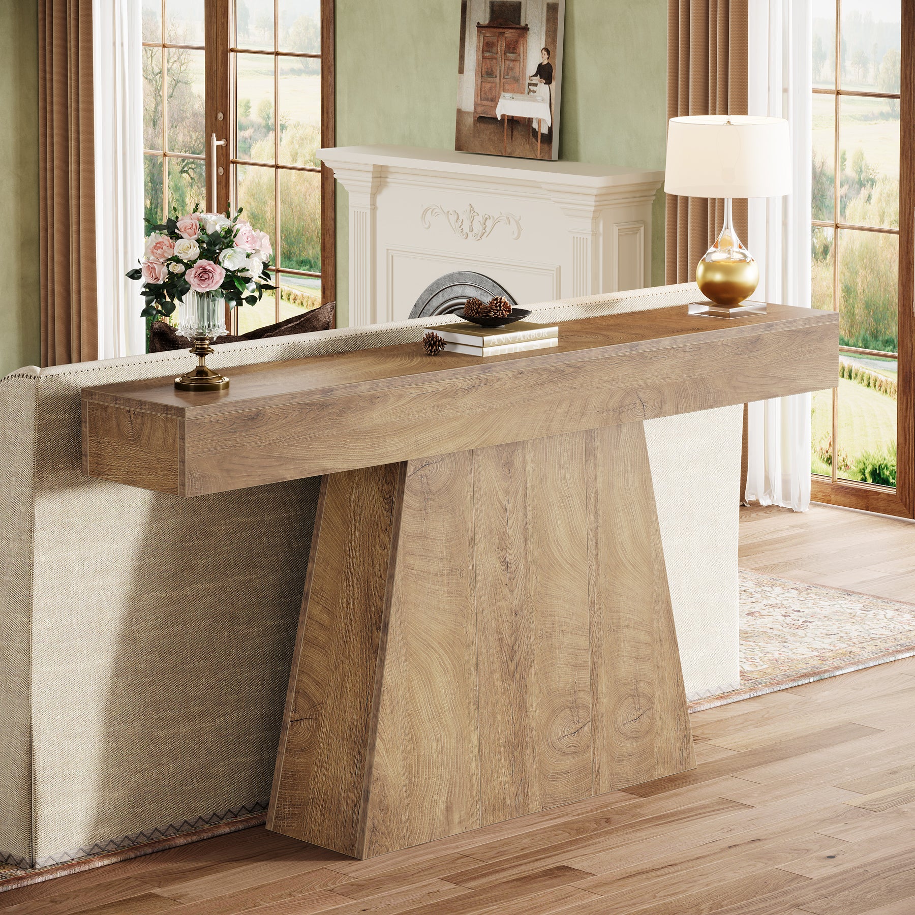 63" Console Table, Farmhouse Entryway Table Sofa Table with Trapezoidal Base