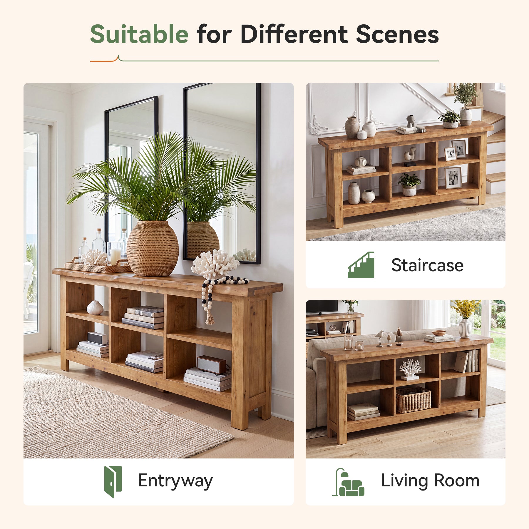 70.8" Long Console Table, 3-Tier Solid Wood Entryway Table with 6 Cubes Shelf