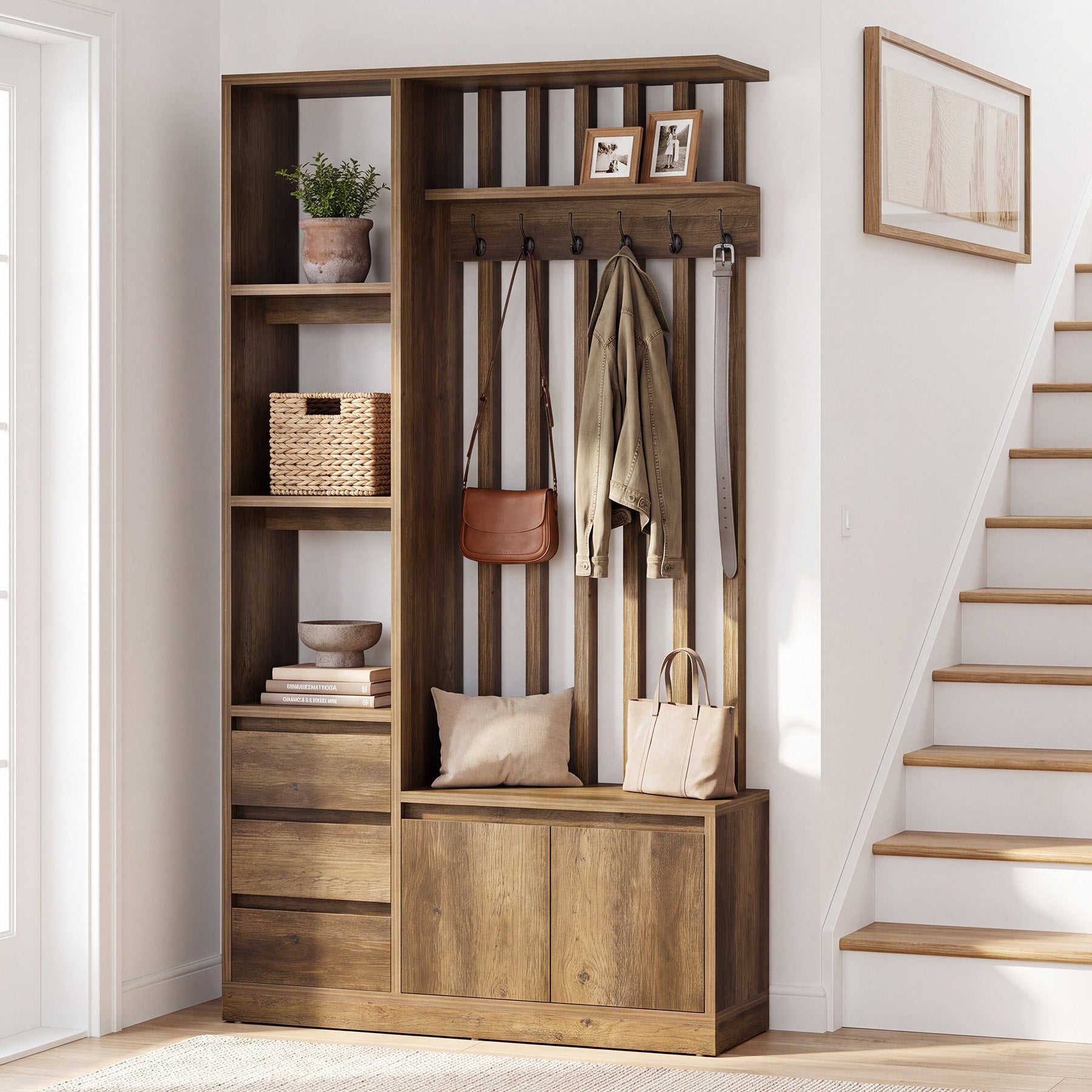 Hall Tree with Bench & Shoe Storage, Farmhouse 6 Hooks, 3 Shelves, 5 Shoe Cubbies, Entryway