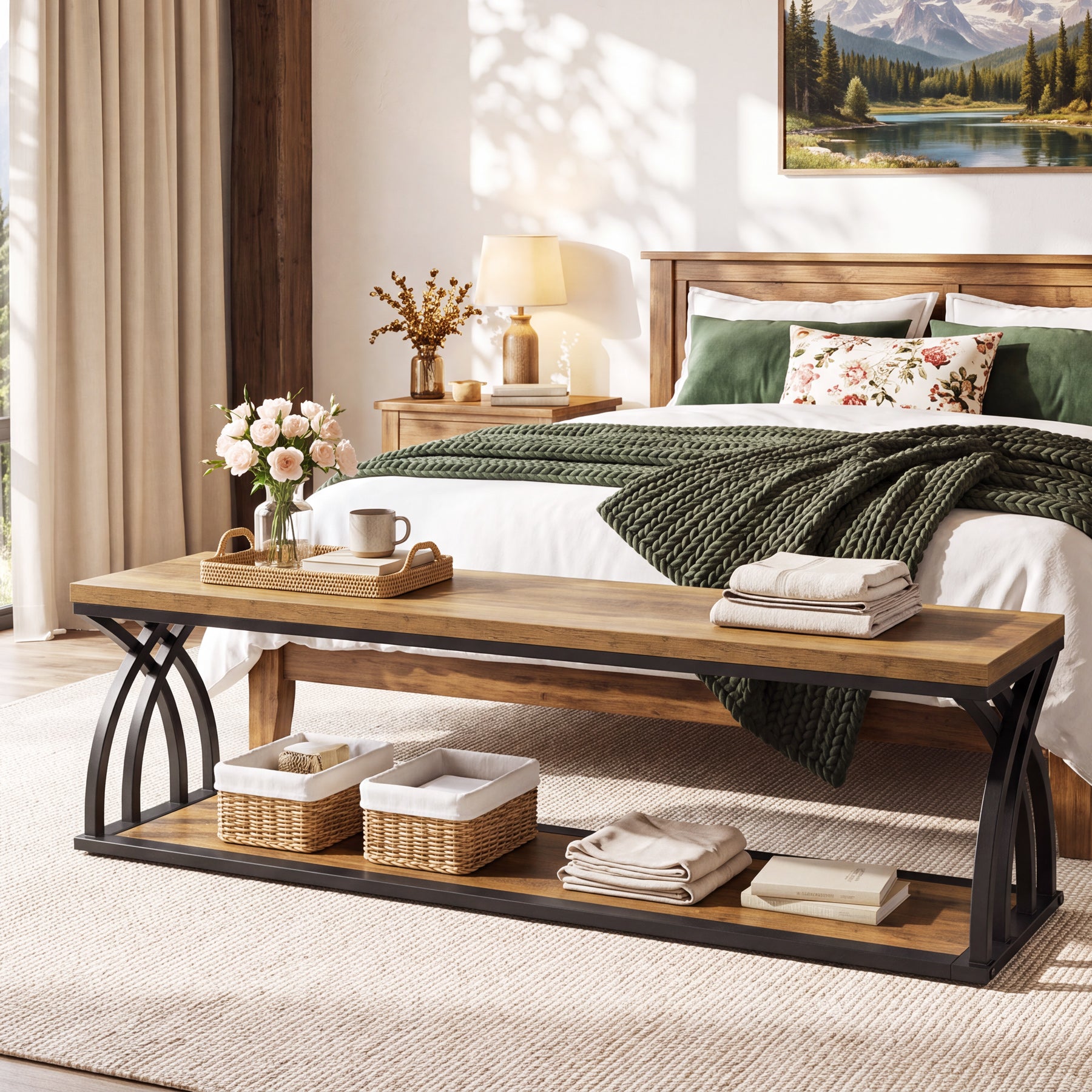 55" Industrial Entryway Bench with Shoe Storage, 2-Tier End of Bed Bench, Hallway