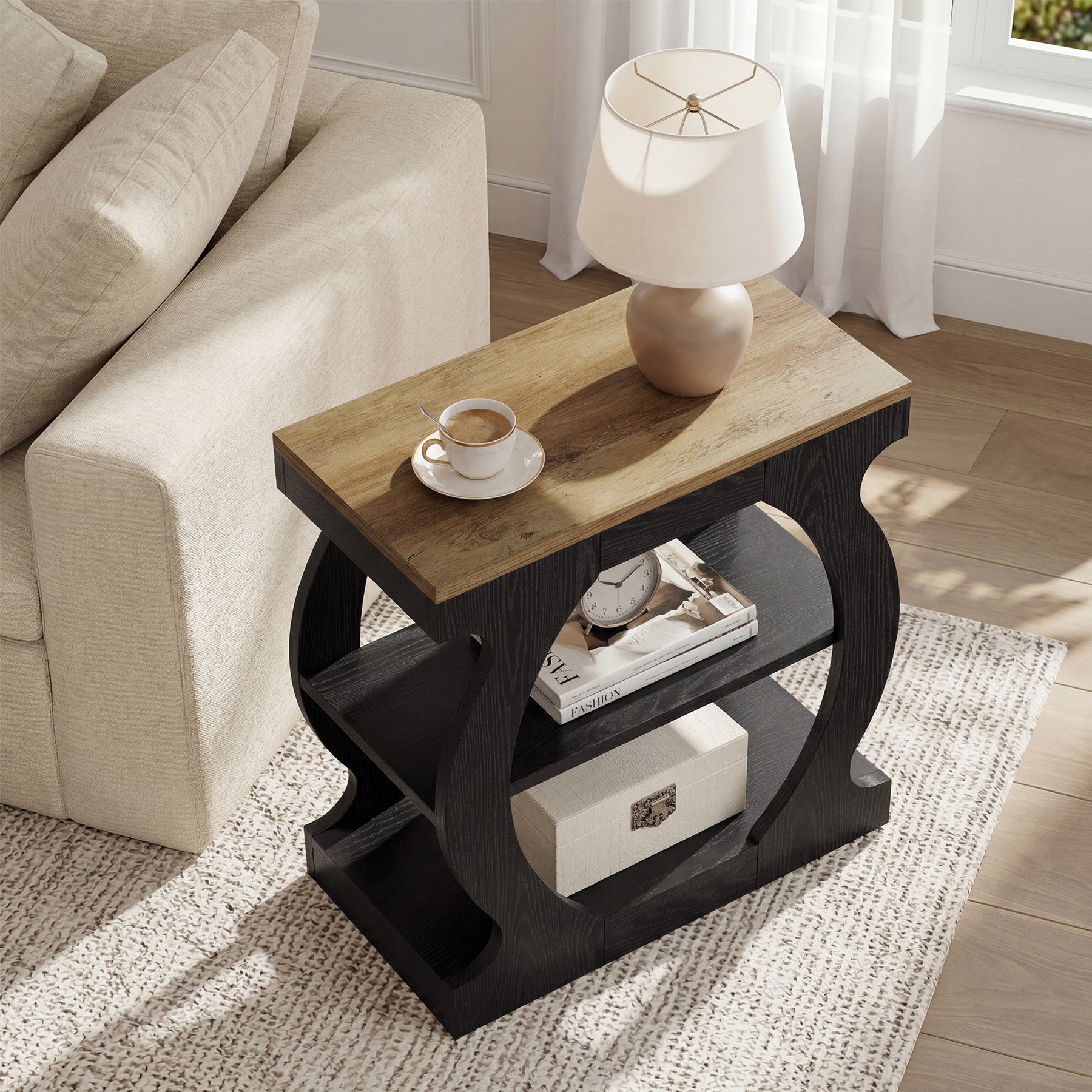 Narrow End Table with 3-Tier Storage Shelves, Bedroom Nightstand for Small Spaces
