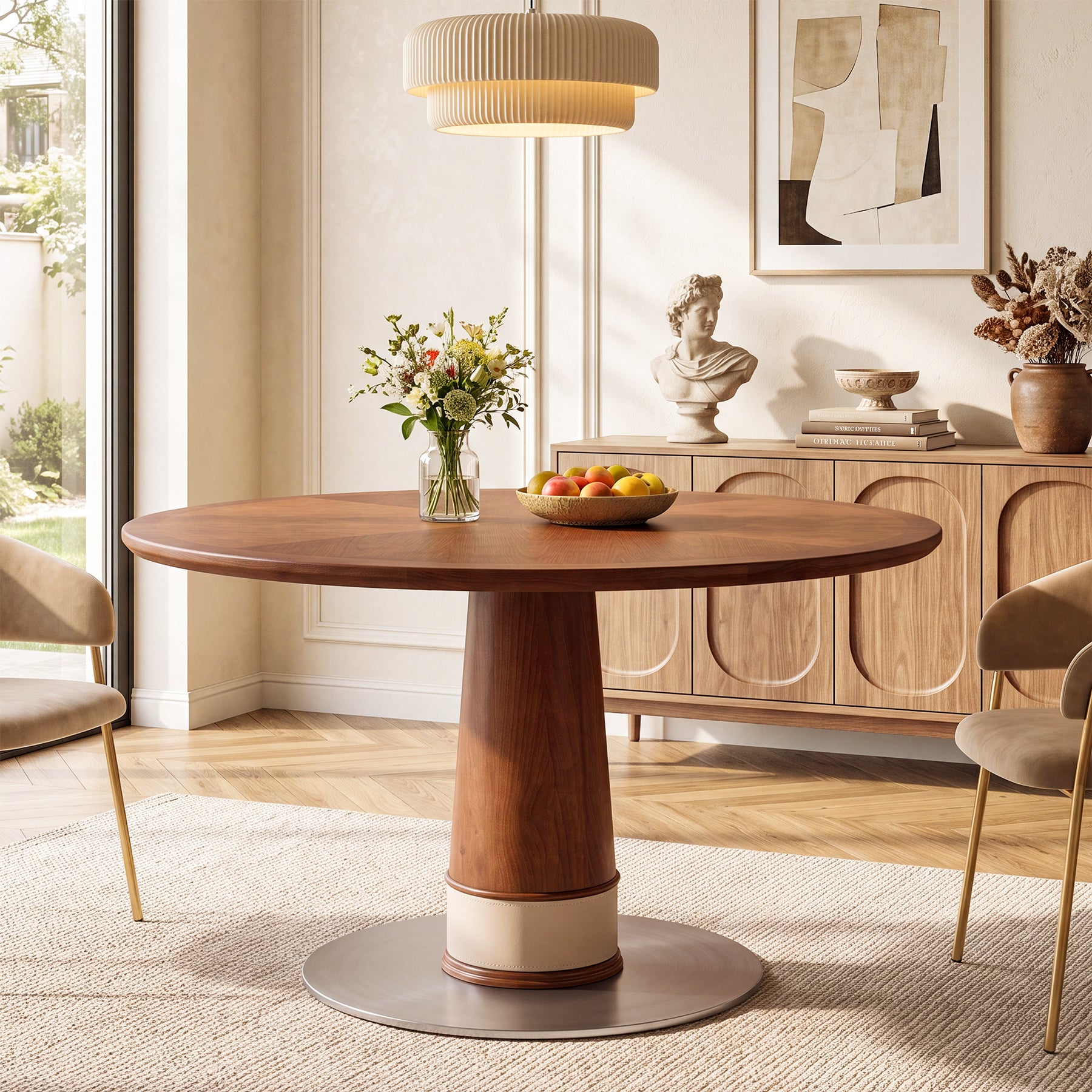 47" Round Dining Table for 4-6, Solid Wood Mid-Century Modern Kitchen Table, Stainless Steel Pedestal Base