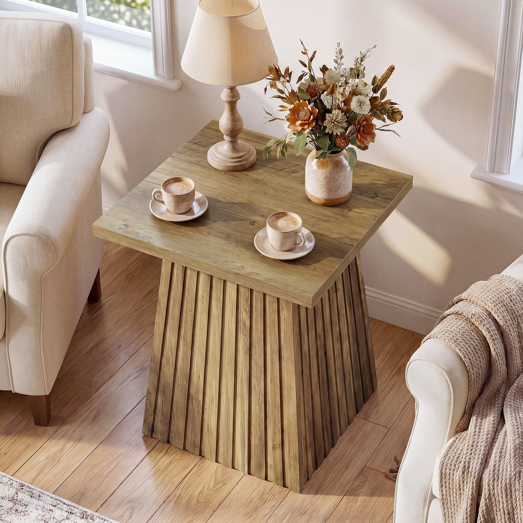 19.7" Square End Table, Modern Rustic Side Table with Fluted Base for Small Space