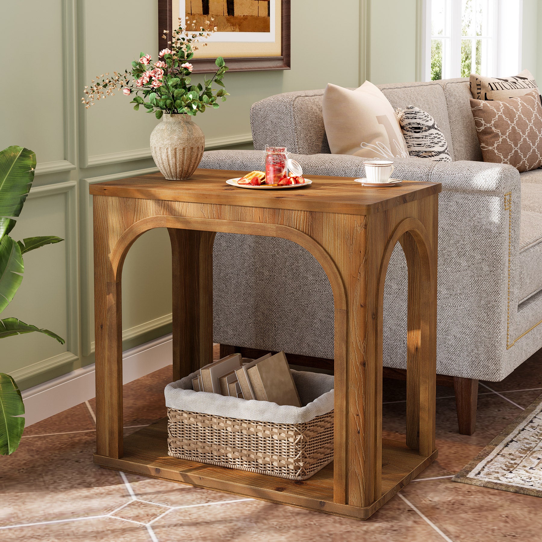 25" Farmhouse Side Table, 2-Tier Solid Wood End Table with Shelf