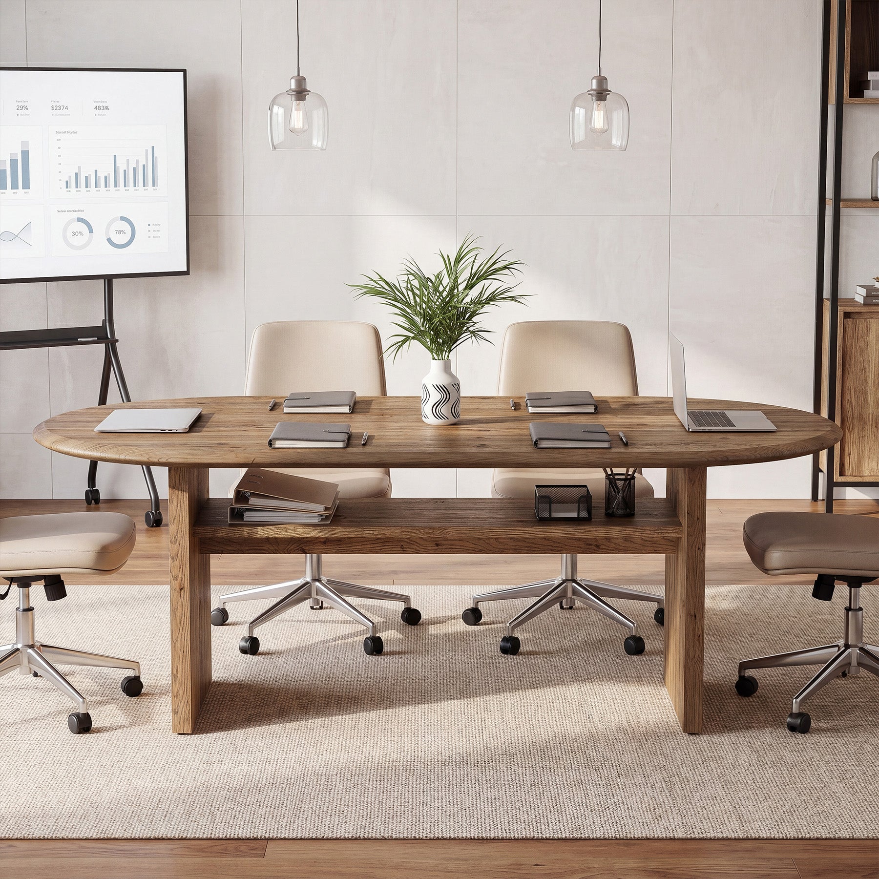 63" Solid Wood Executive Desk, Oval Computer Desk with Storage Shelf for Home Office