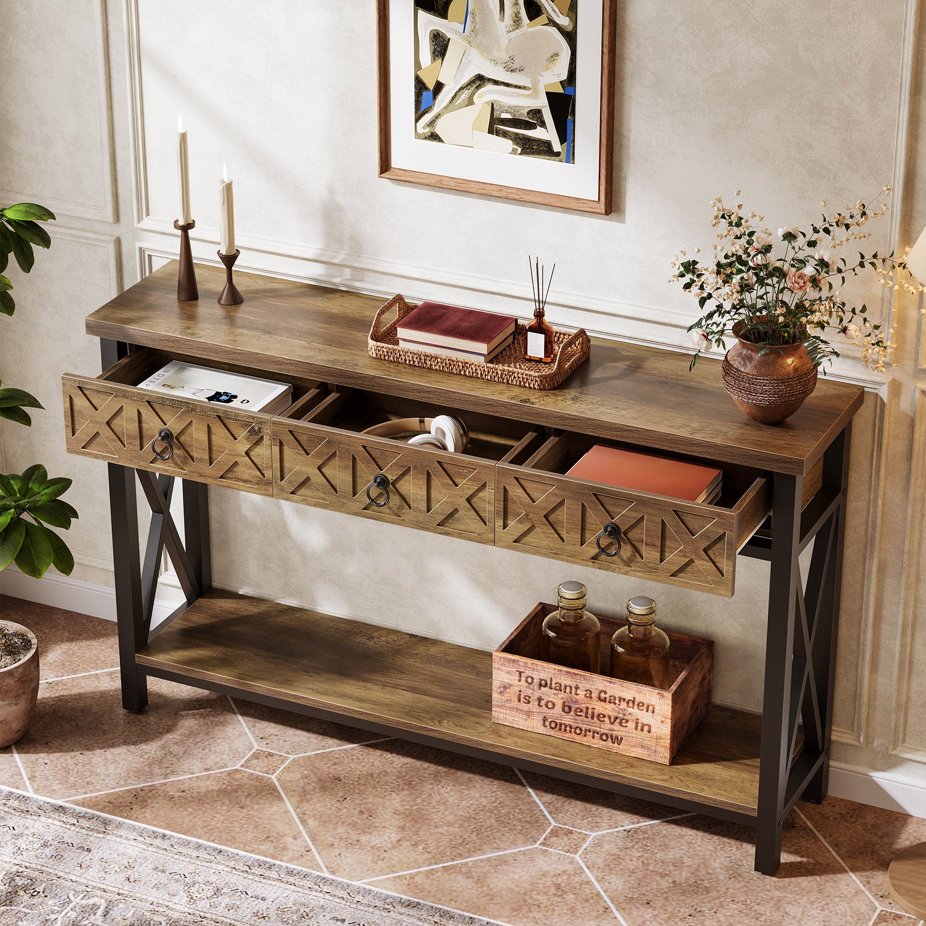 Console Table with 3 Drawers, 55" Entryway Table with 2-Tier Shelf
