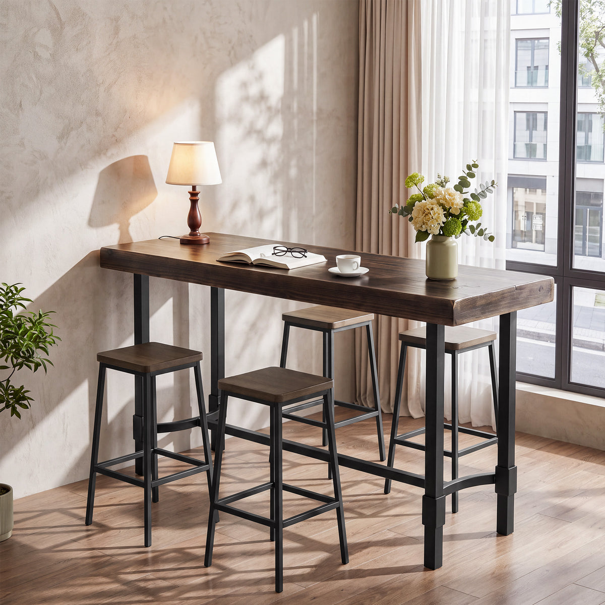 63" Industrial Bar Table, Narrow Counter Height Pub Table with Footrest