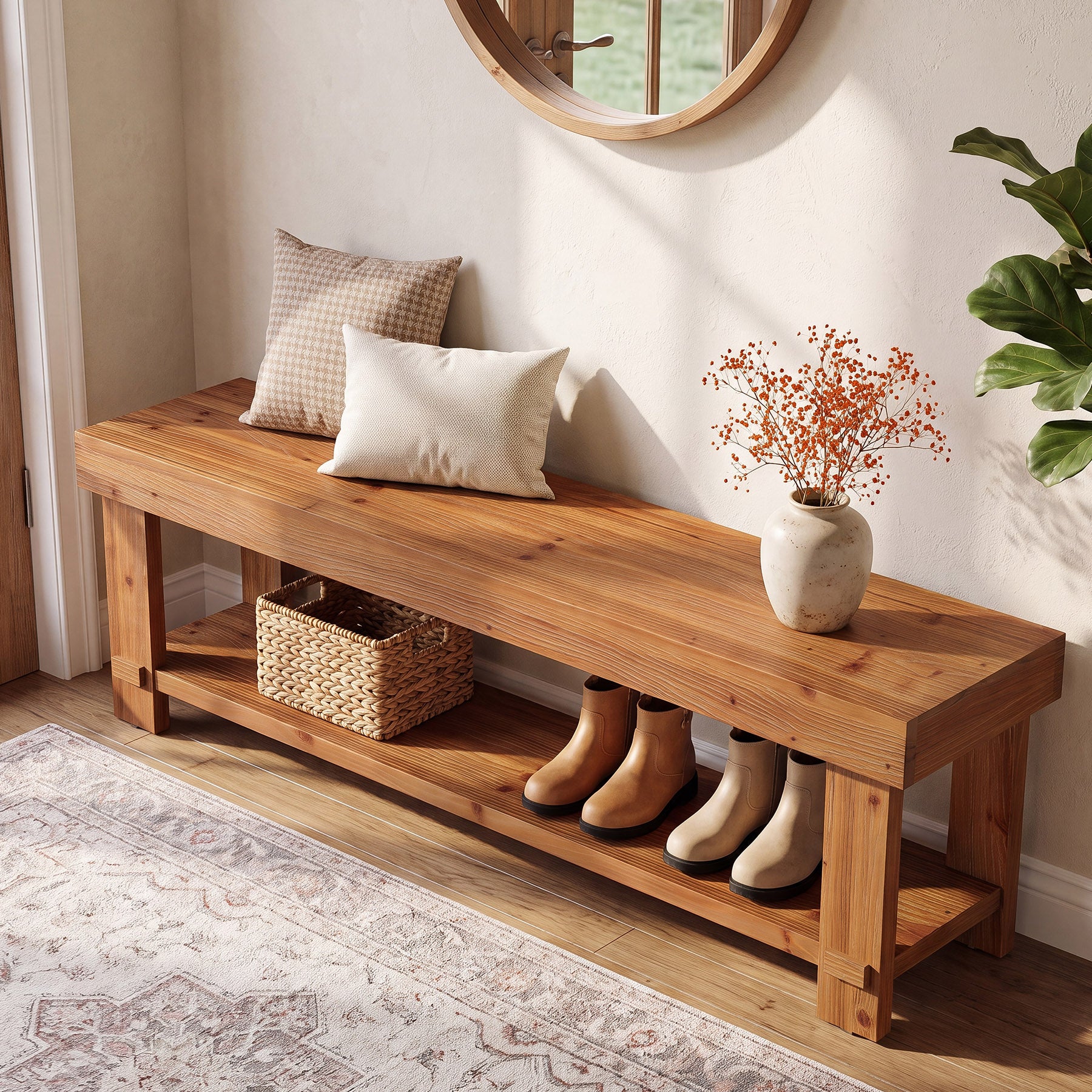 63" Solid Wood Entryway Bench, 2-Tier Shoe Bench End of Bed Bench with Storage