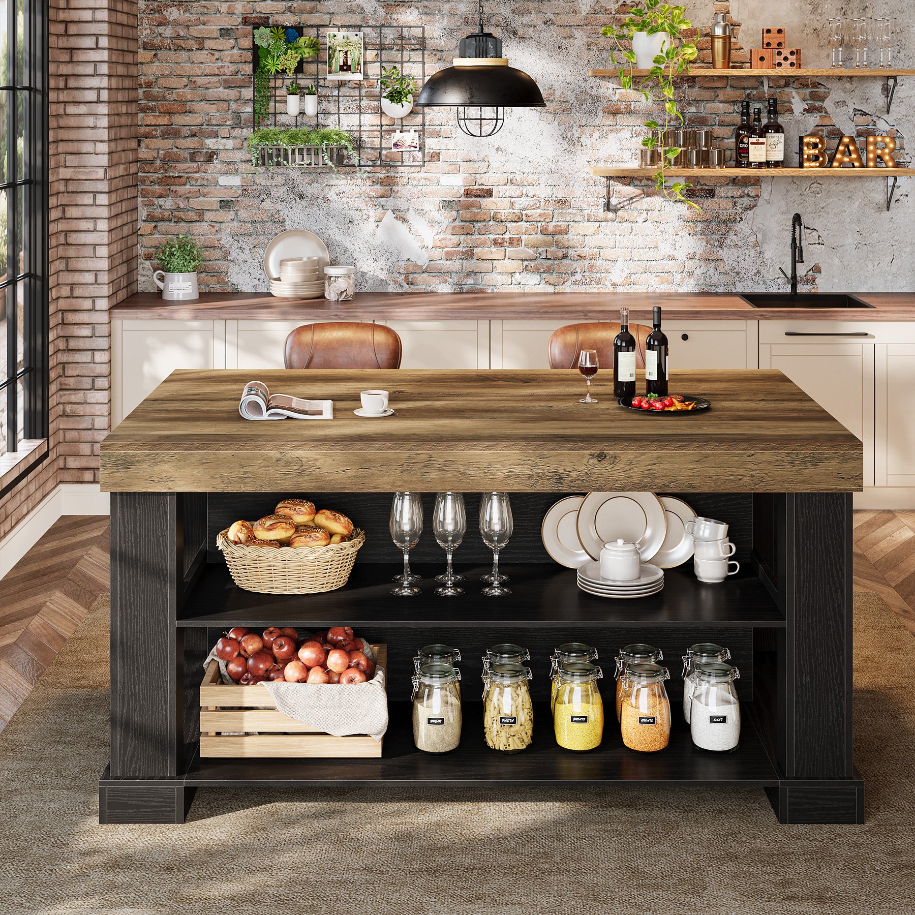 55" Counter Height Bar Table with Storage Shelves, Rectangular Kitchen Table for 6