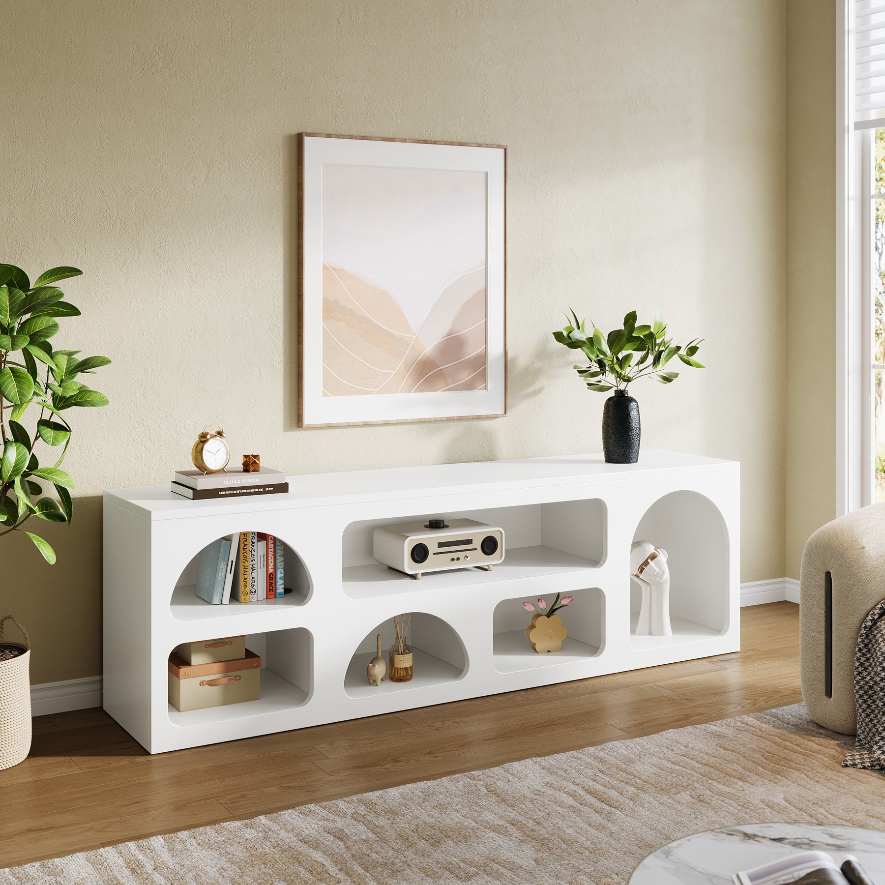 63" TV Stand for 60 to 70 Inch TVs, Modern White Media Console with 6 Open Shelves