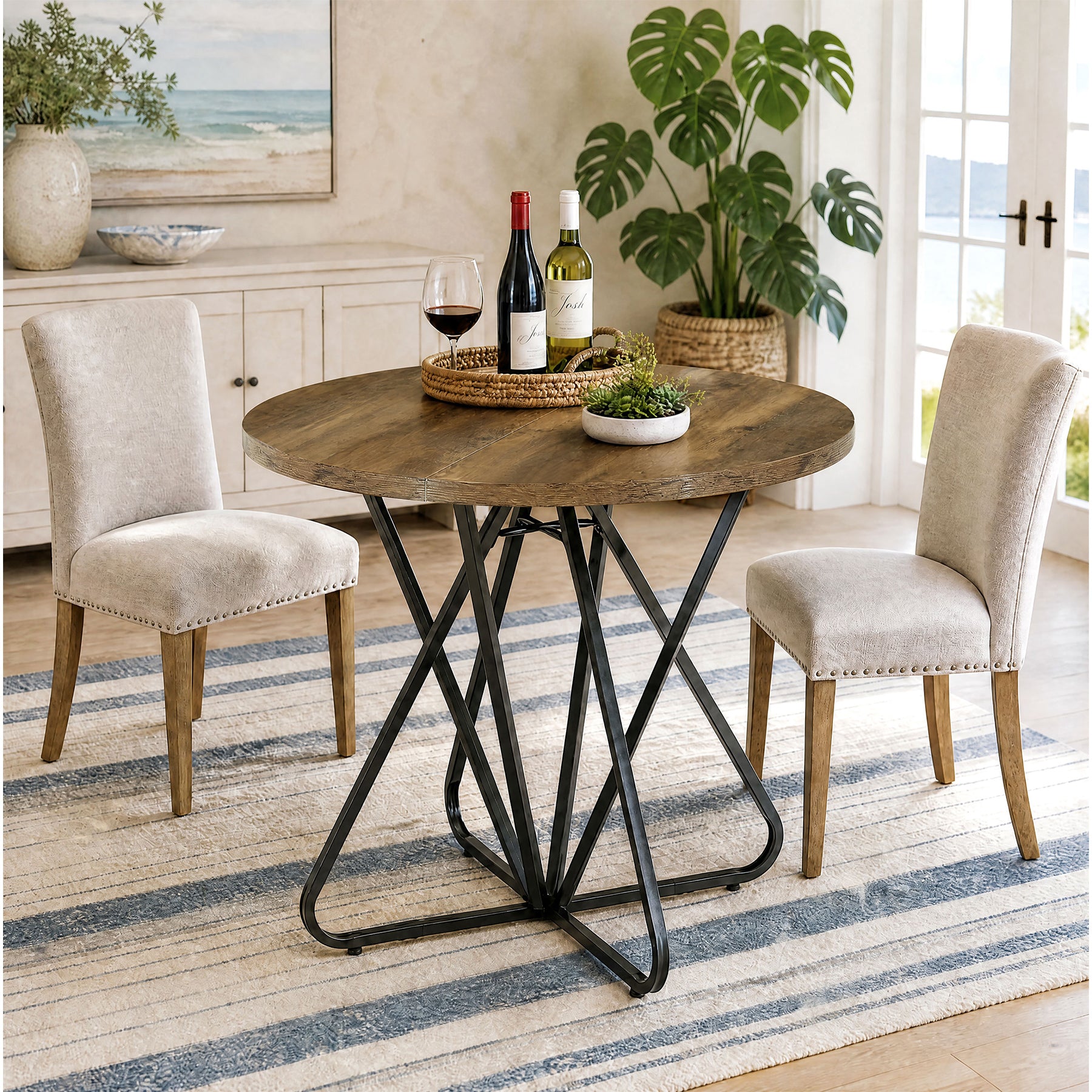 31.5" Round Dining Table, Small Farmhouse Kitchen Table with Geometric Frame for 2-4