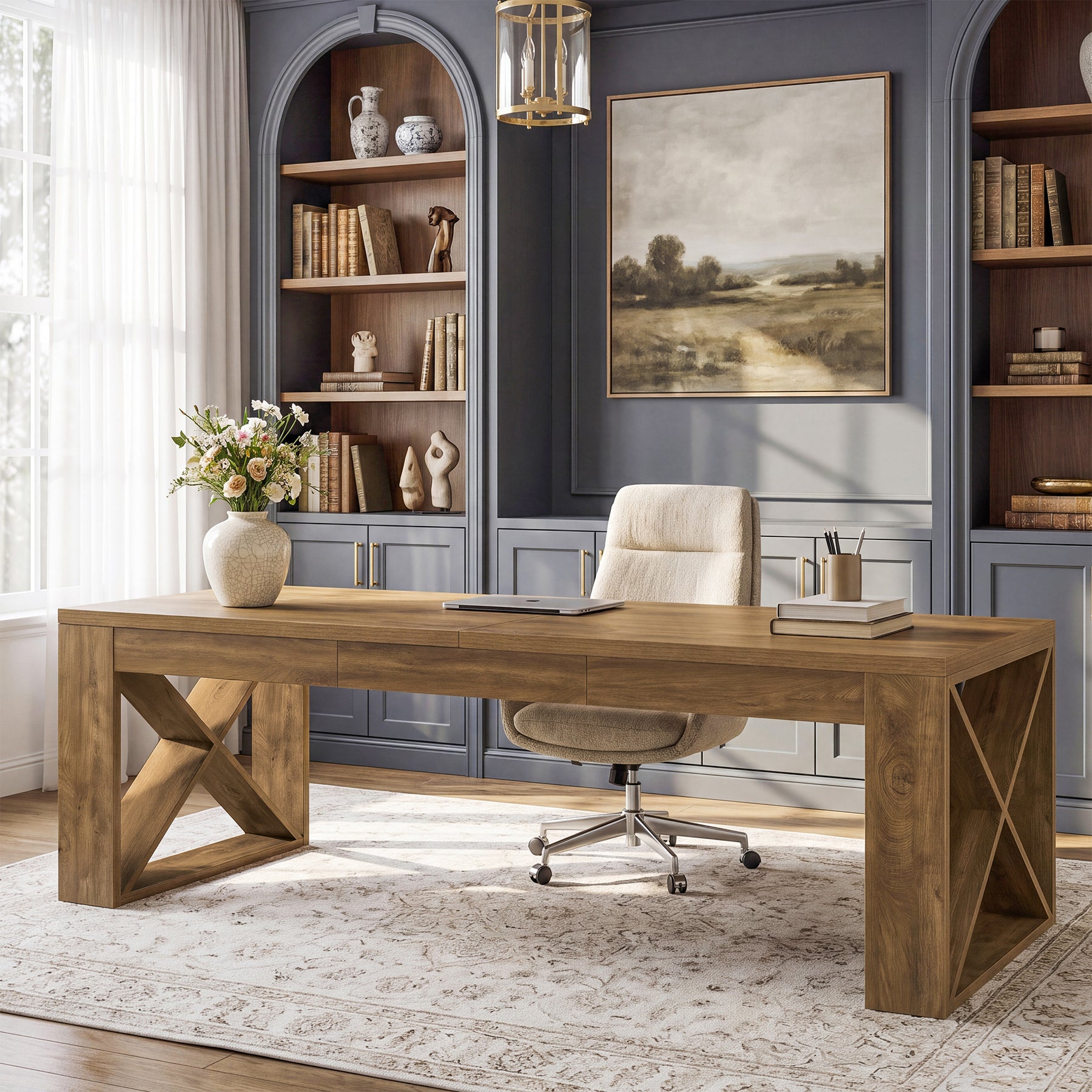 74.8" Two Person Desk, Double Desk with Wide Rectangle Base for Home Office