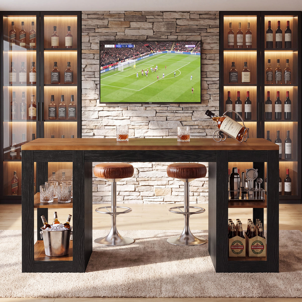 63" Solid Wood Counter Height Bar Table with 2-Tier Storage & Thick Top