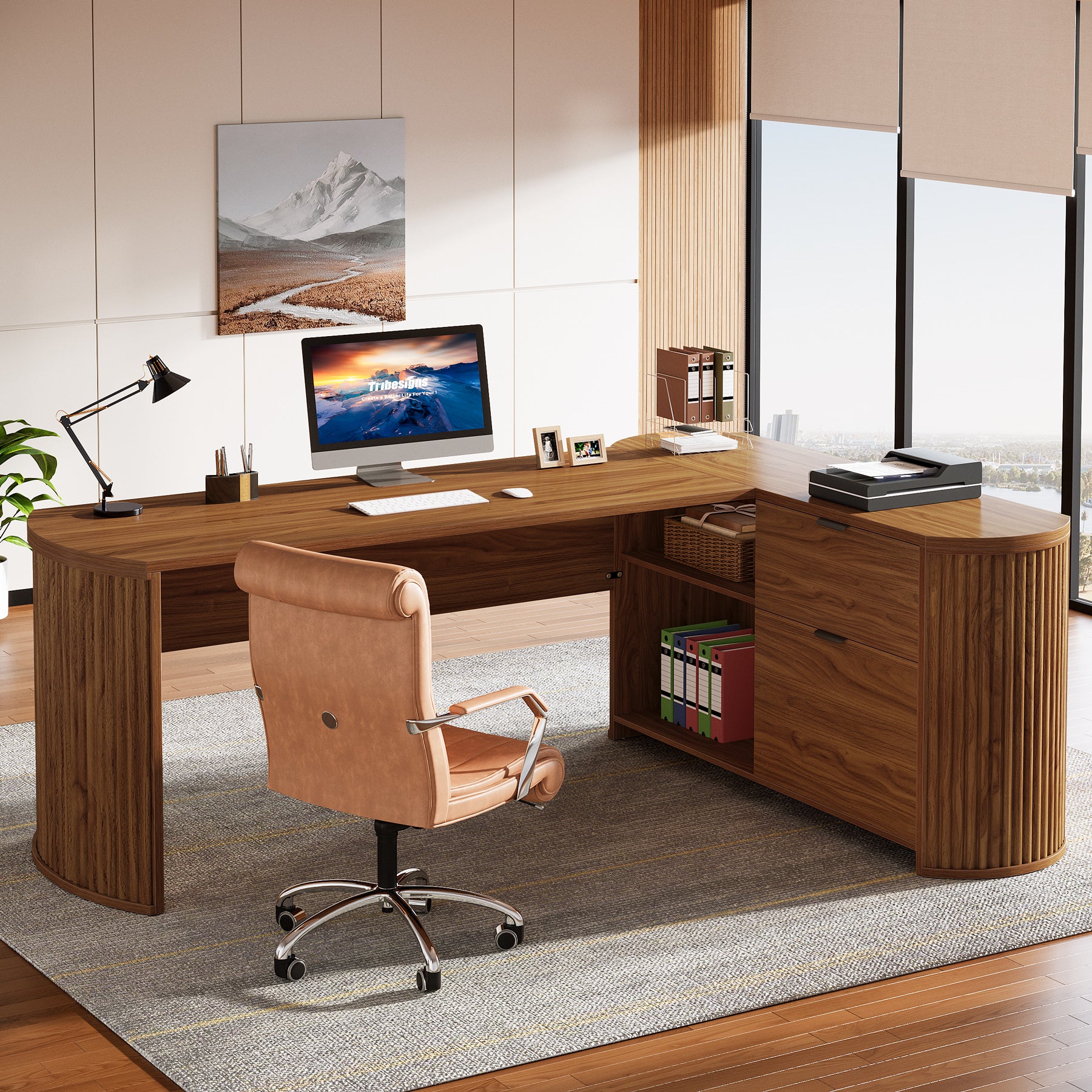 79" L-Shaped Executive Desk, Large Computer Desk with File Drawers
