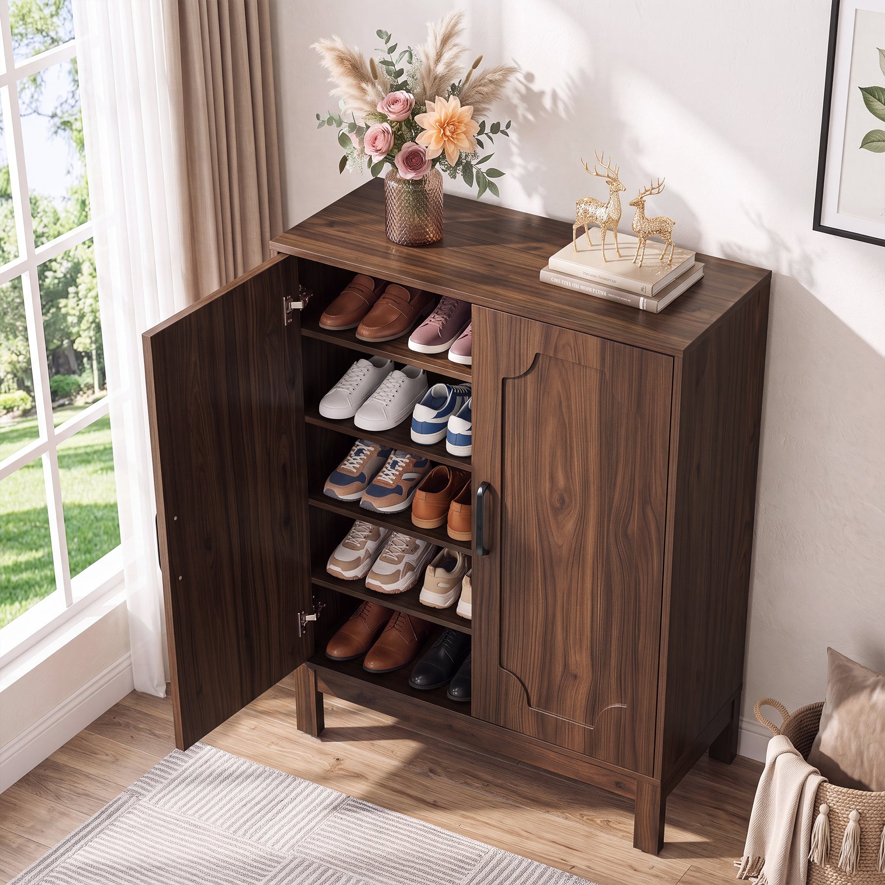 5-Tier Shoe Cabinet, Farmhouse Shoe Storage Organizer with Doors & Adjustable Shelves