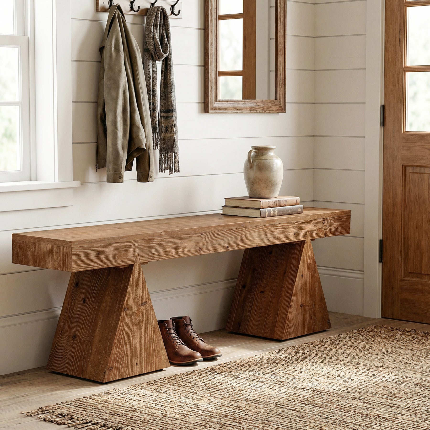 Solid Wood Entryway  Bench, 63" End of Bed Bench with Triangle Base