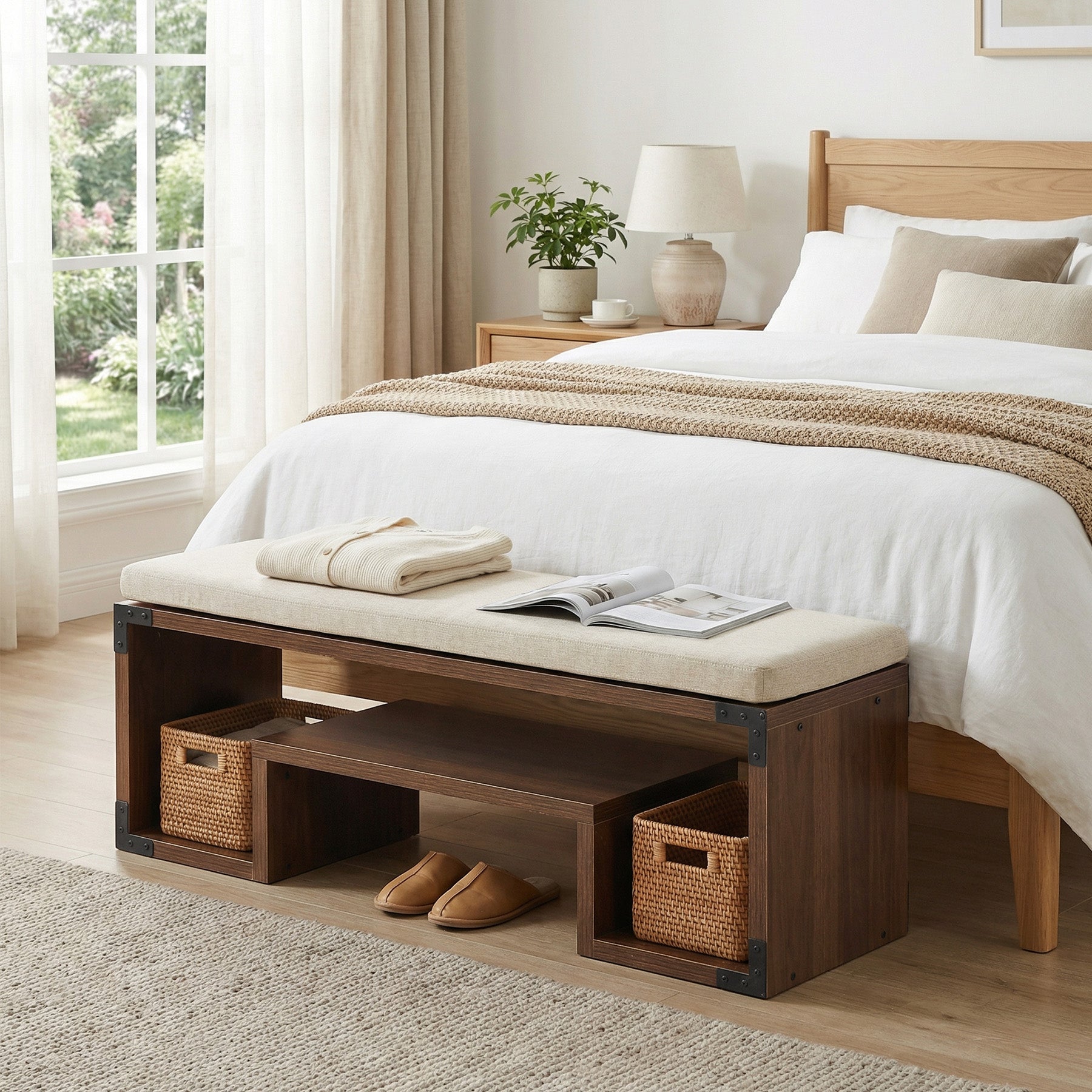 47" Shoe Bench, Entryway Bench with Cushion and Storage Shelf