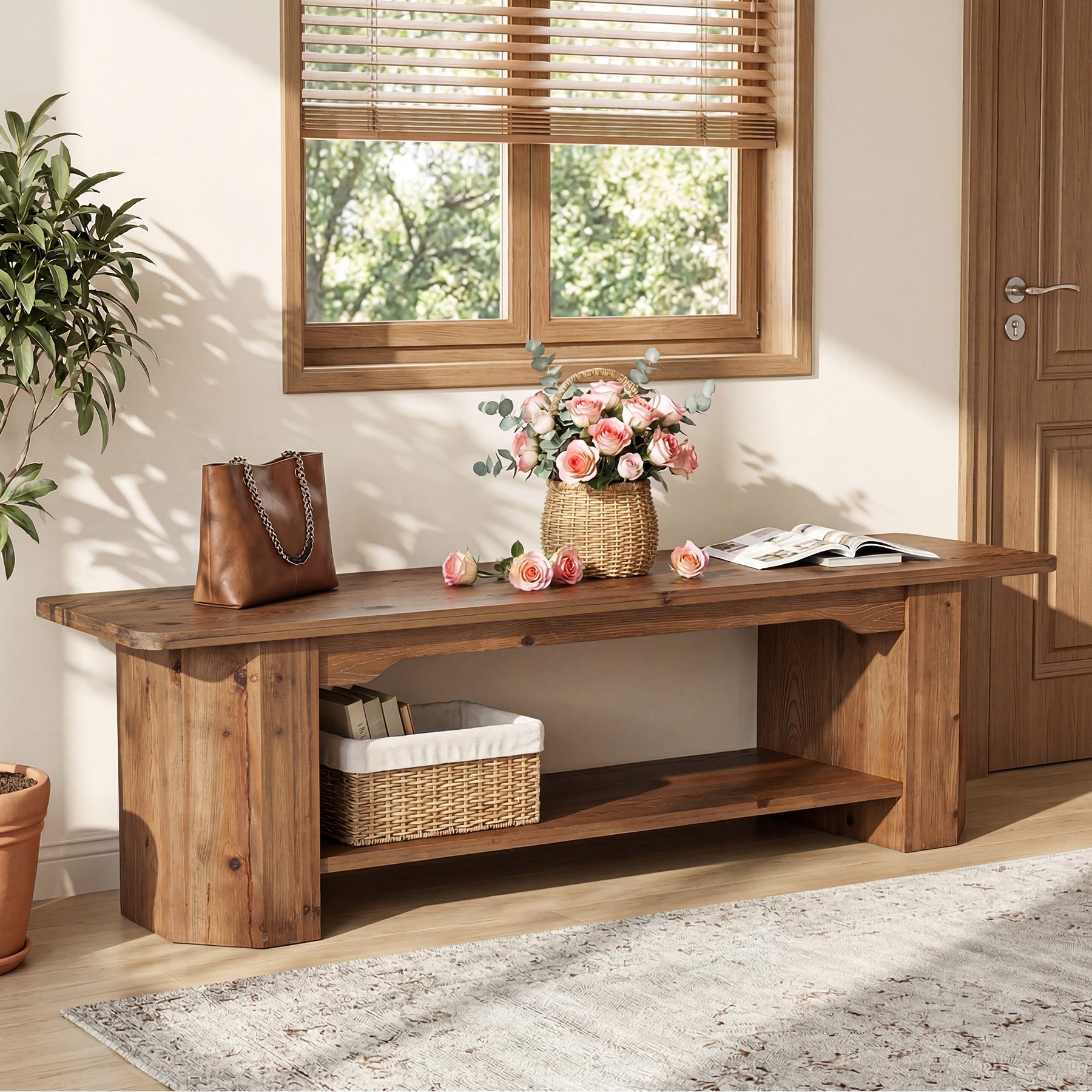 Tribesigns 63" Solid Wood Entryway Bench, Long Shoe Bench for Hallway