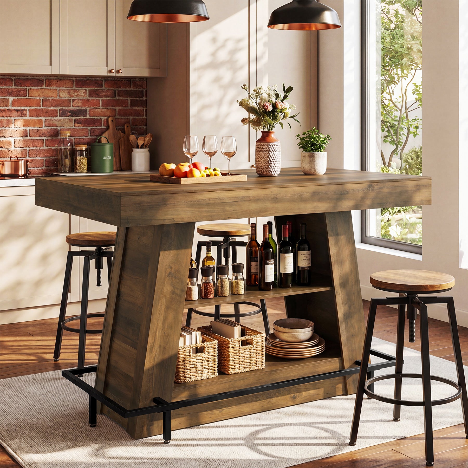47.2" Rectangular Bar Table, Counter Height Bistro Table with 2-Tier Open Storage Shelves