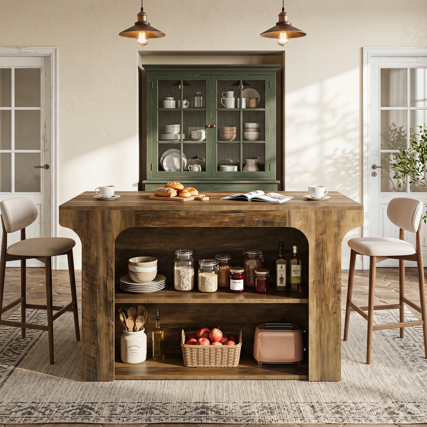 55" Wooden Kitchen Island, Stationary Dinner Prep Station with 2 Shelves
