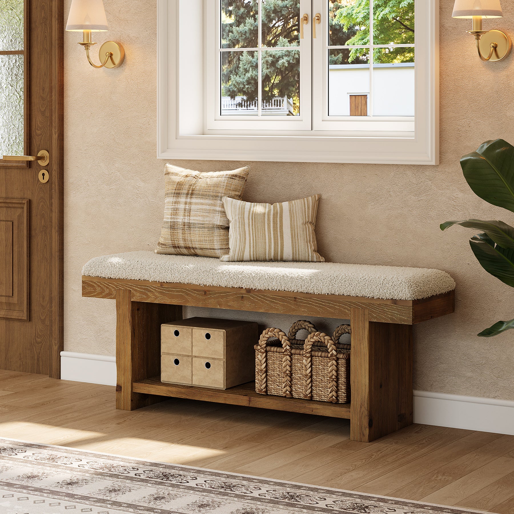 47.2" Solid Wood Farmhouse Bench, Upholstered Storage for Entryway