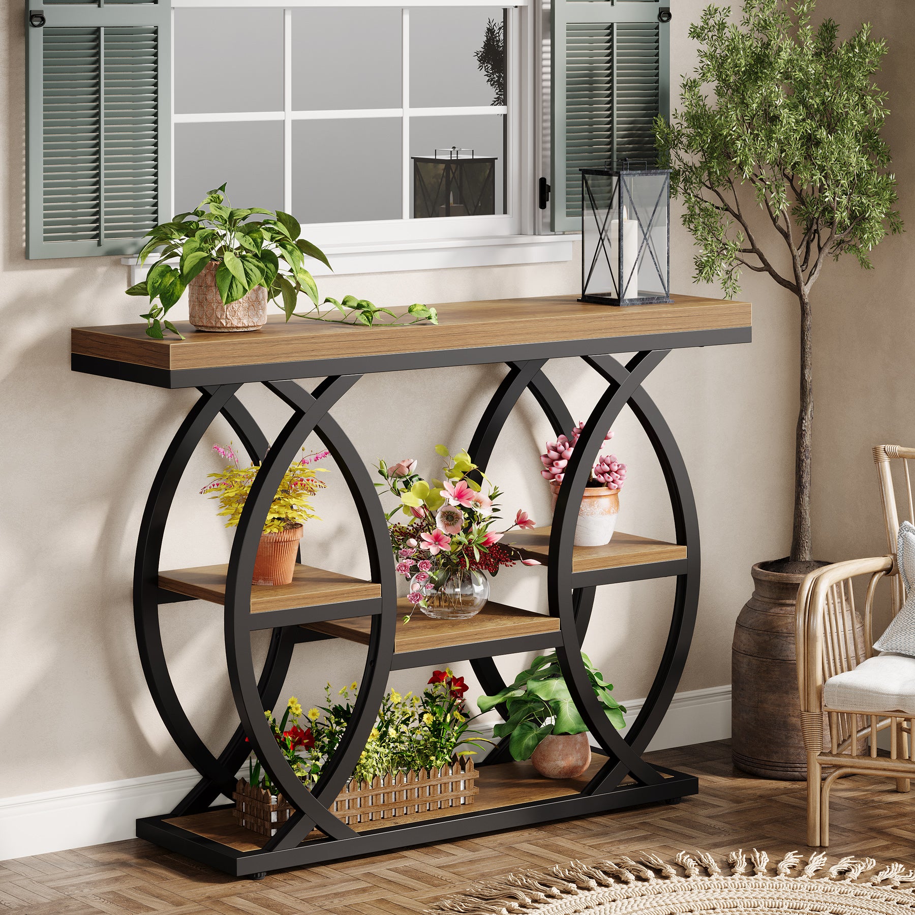 39.4" Console Table, Industrial 4-Tier Sofa Table Entryway Table with Storage Shelves