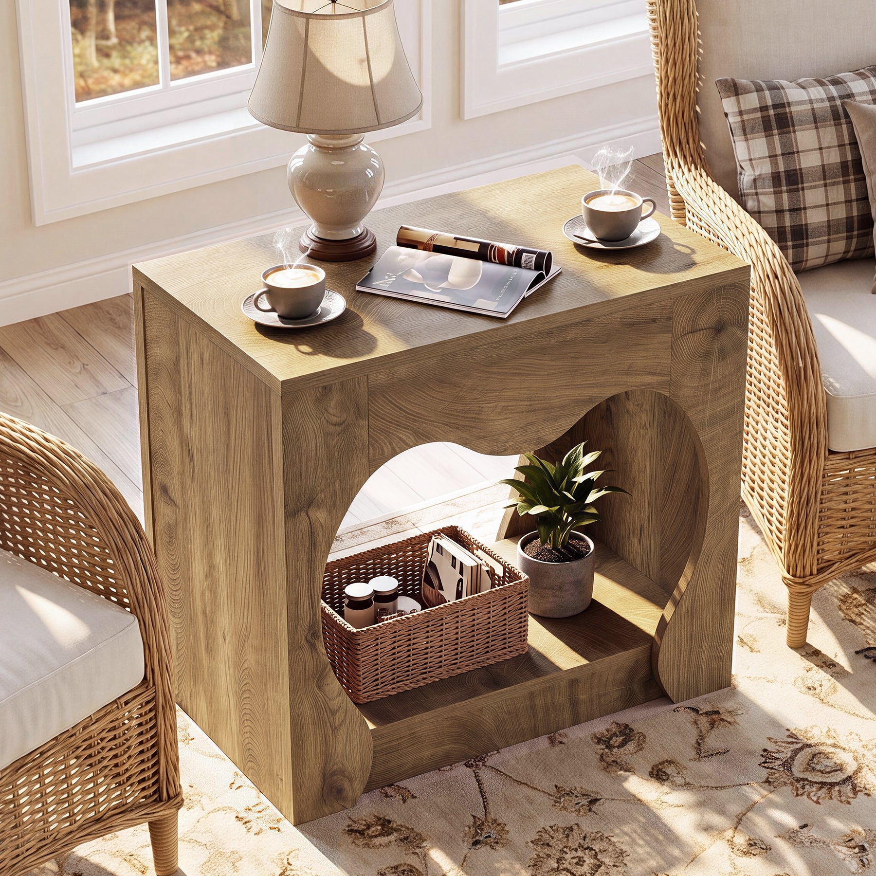 2-Tier End Table, Farmhouse Side Table with Storage Shelves, Curved Arch Cutout