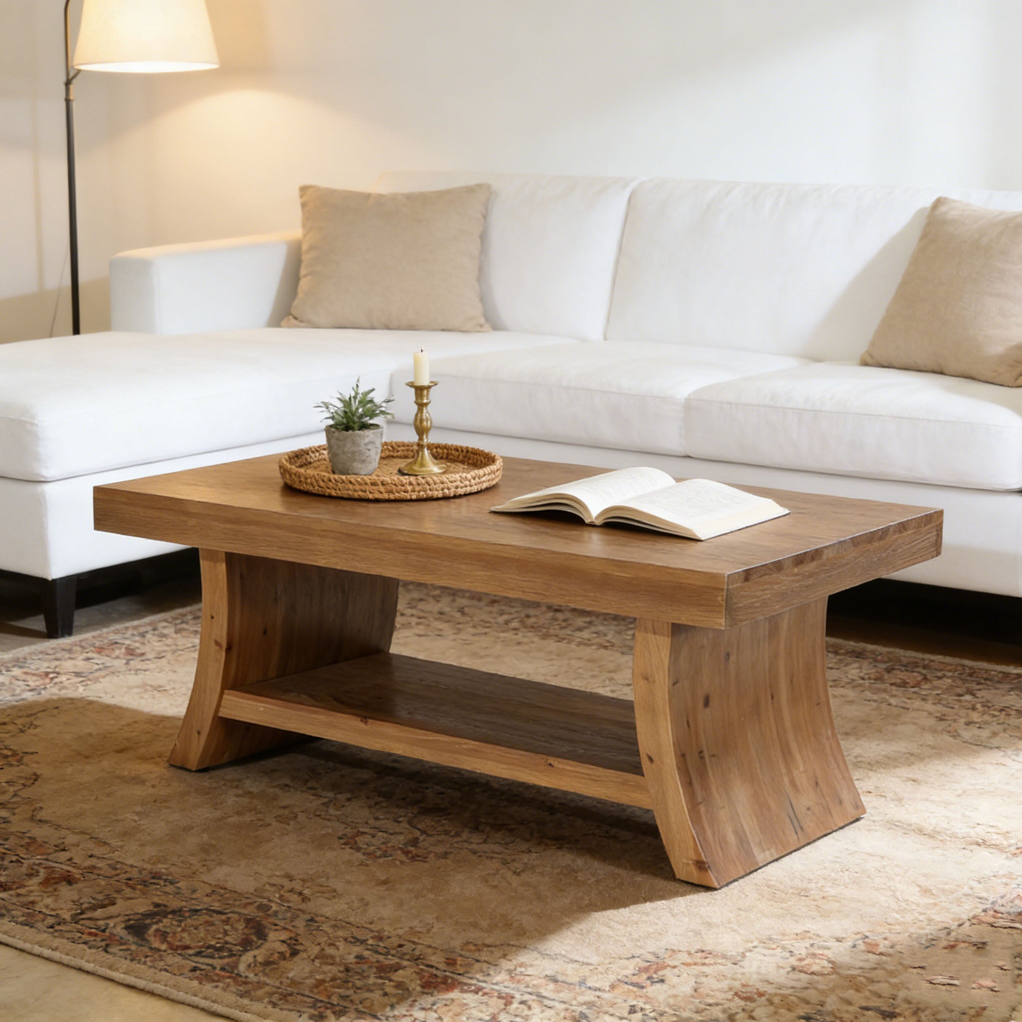 Solid Wood Coffee Table with Storage Shelf, 47.2" Center Table with Curved Base