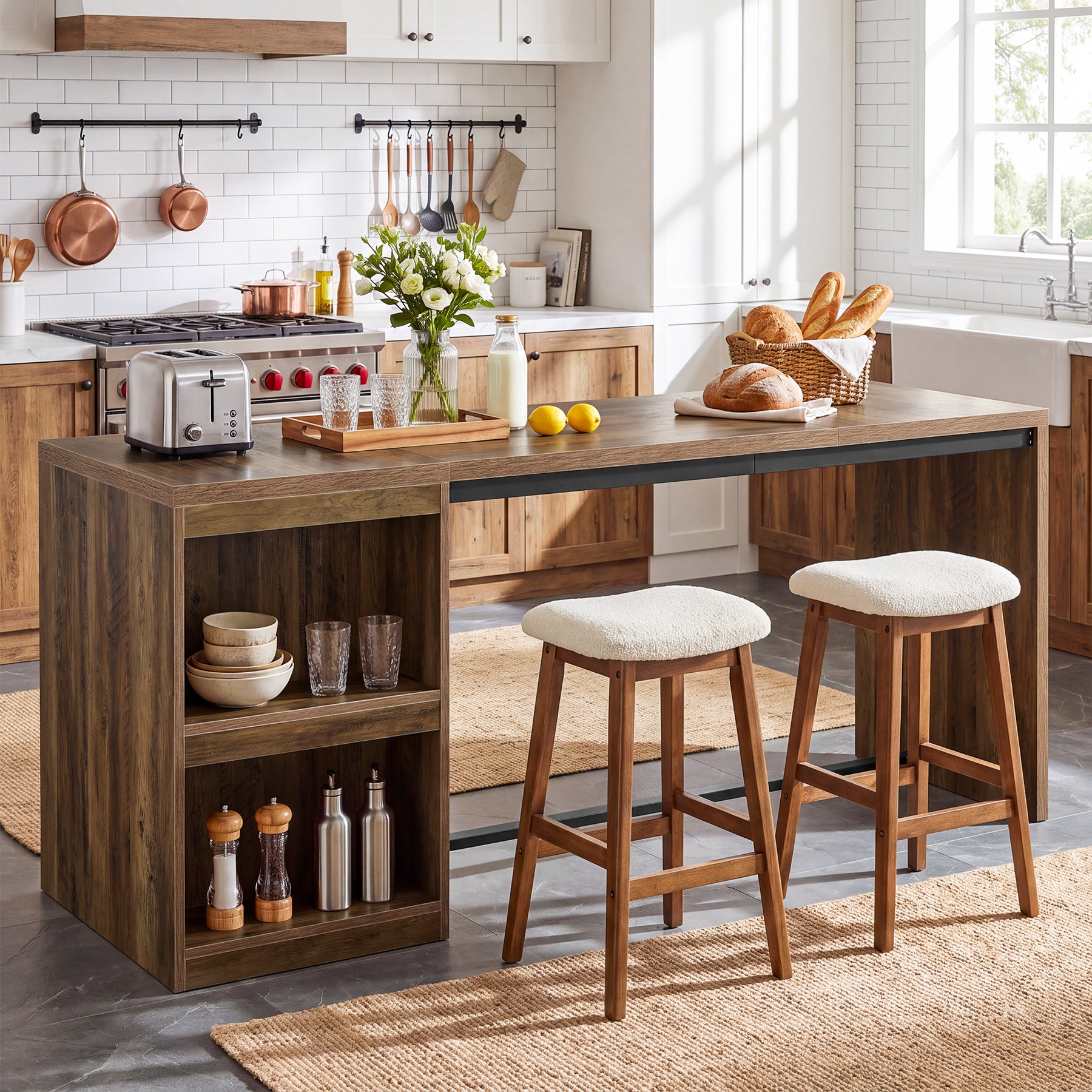 78.74" Kitchen Island, Counter Height Island Table with 2 Shelves & Mini Fridge Space