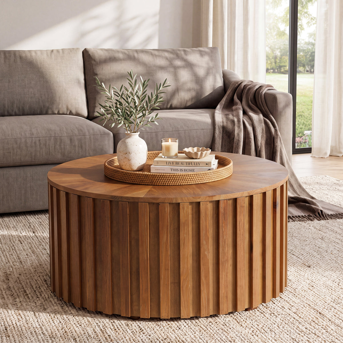 Solid Wood Round Coffee Table, 31.5" Fluted Drum Tea Table with Hidden Storage, No Assembly