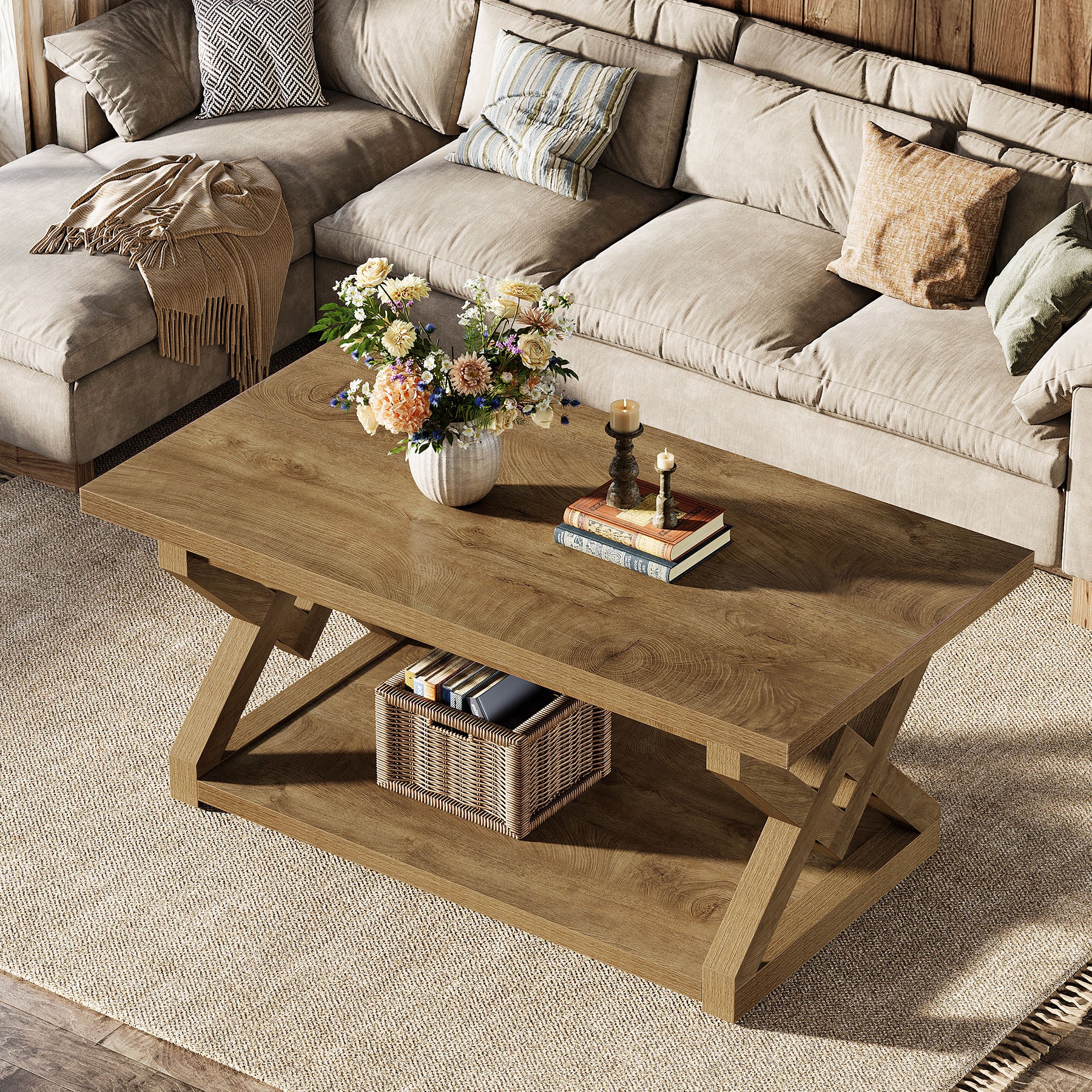 2-Tier Coffee Table, 47.24" Rectangle Center Tea Table with Open Shelves