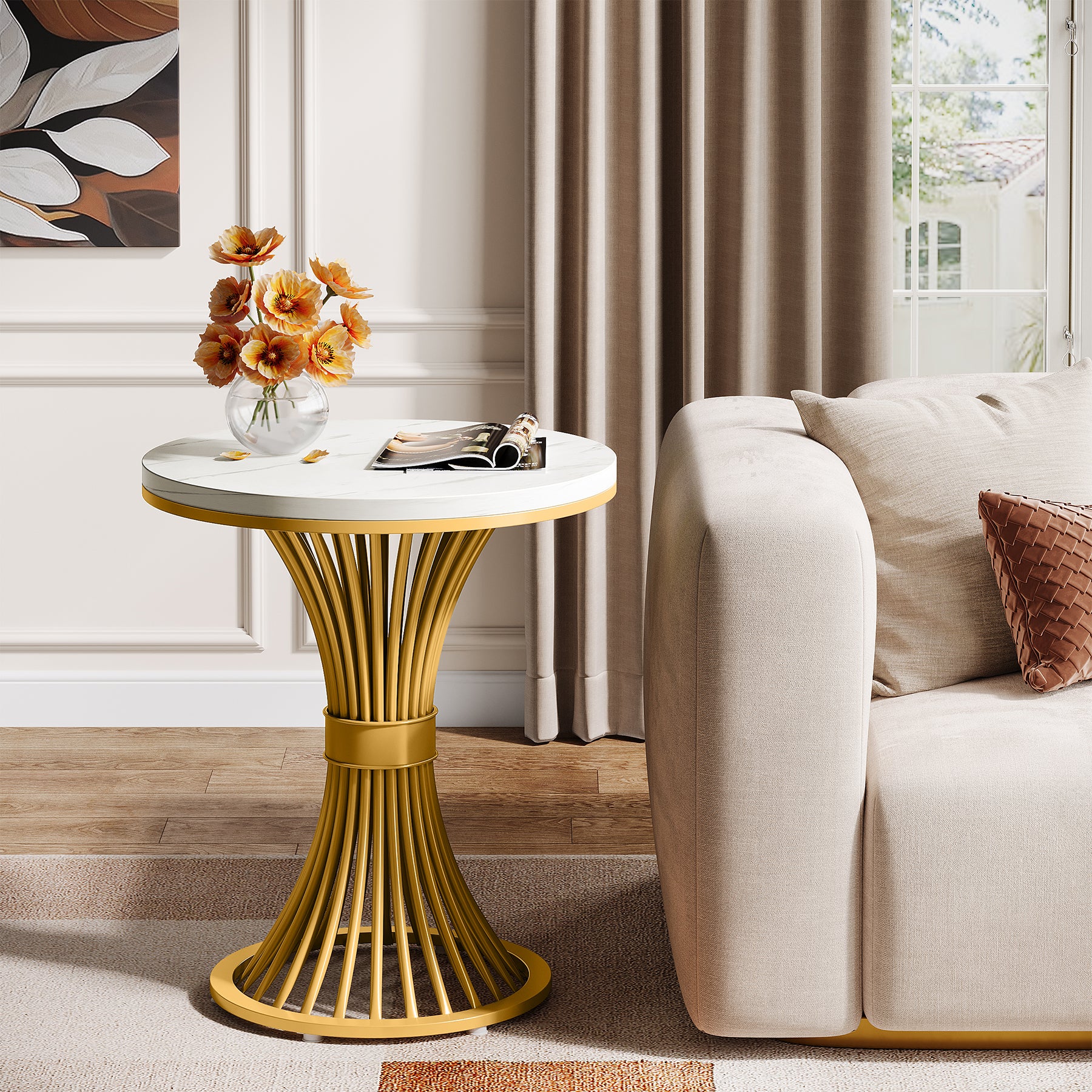 Tribesigns 20-Inch Round End Table, Faux Marble Side Table with Gold Metal Base