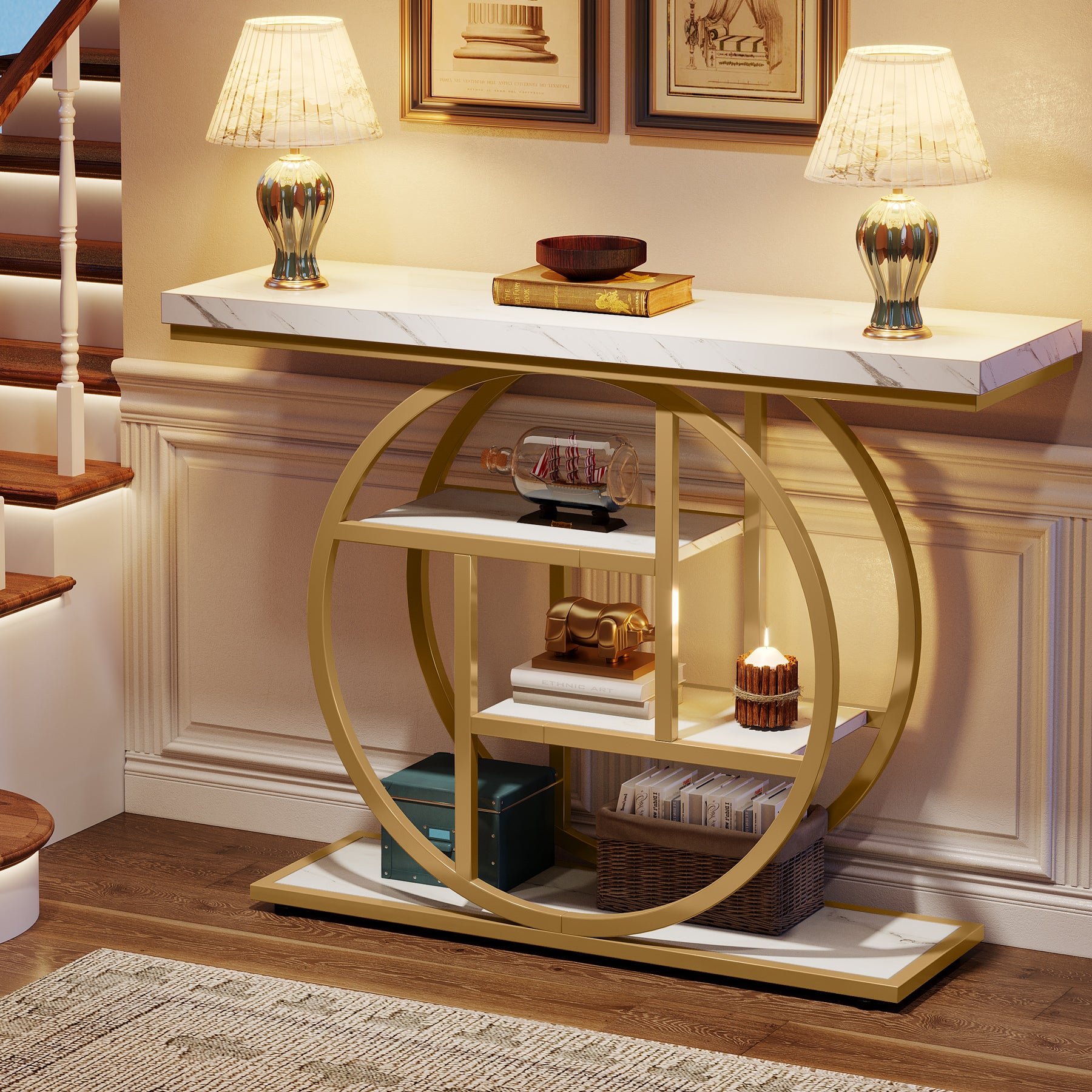 41.3" Console Table, Industrial 4-Tier Sofa Table Entryway Table with Circle Base