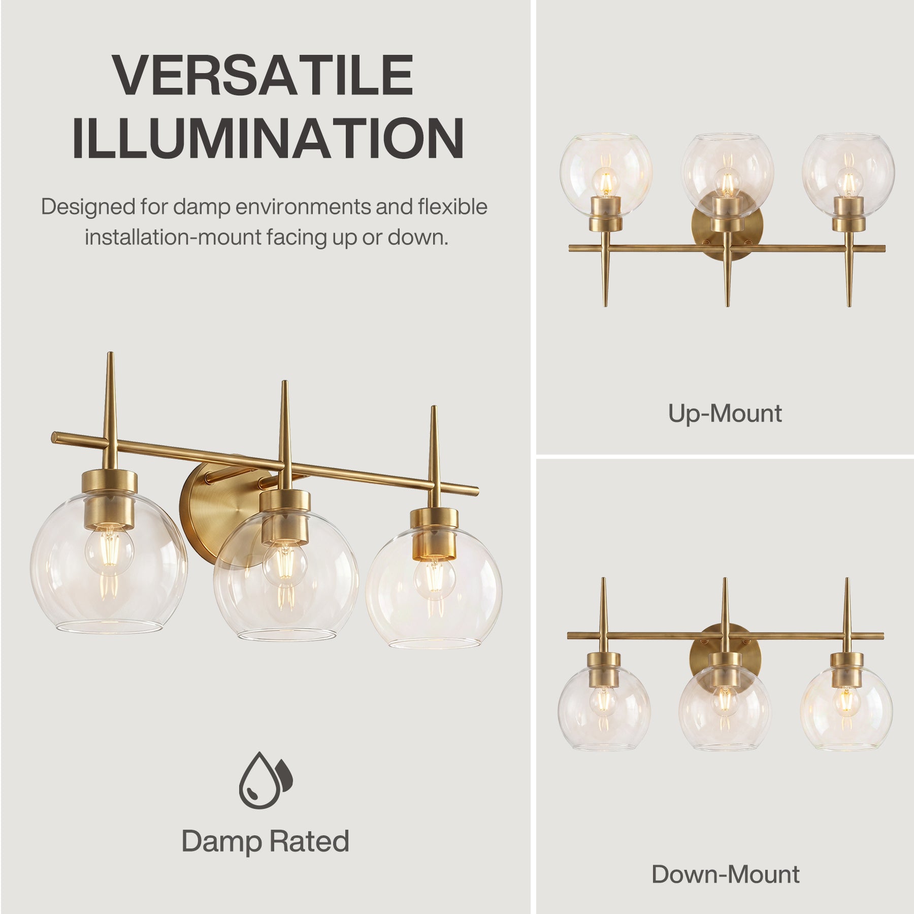 3-Light Bathroom Vanity Light, Modern Brass Finish Wall Sconce Fixture Over Mirror
